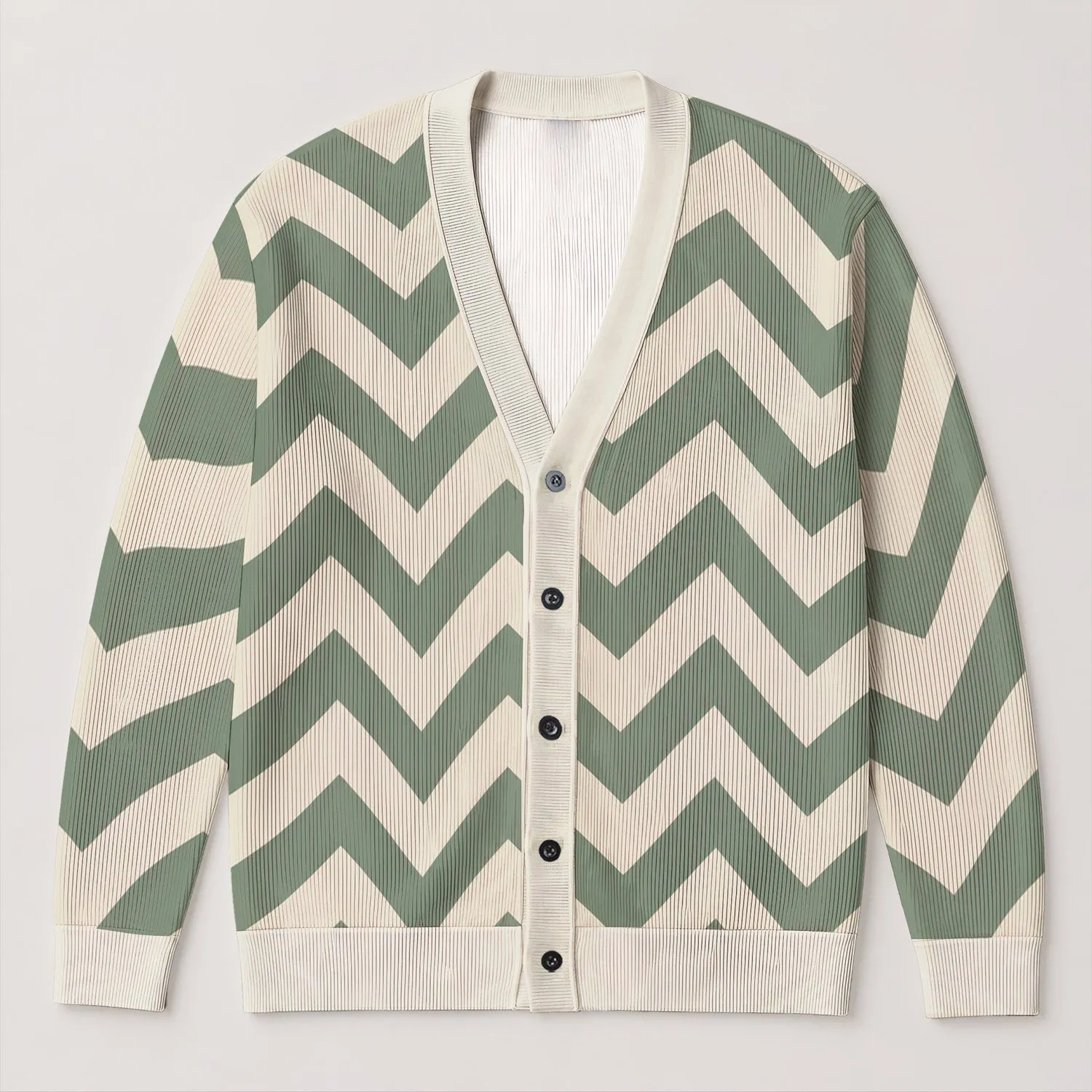 Sage Ivory Chevron Layers for Relaxed Spring Travel Style in Extended Sizes, Plus Size All-over Print Knitted Cardigan - 1