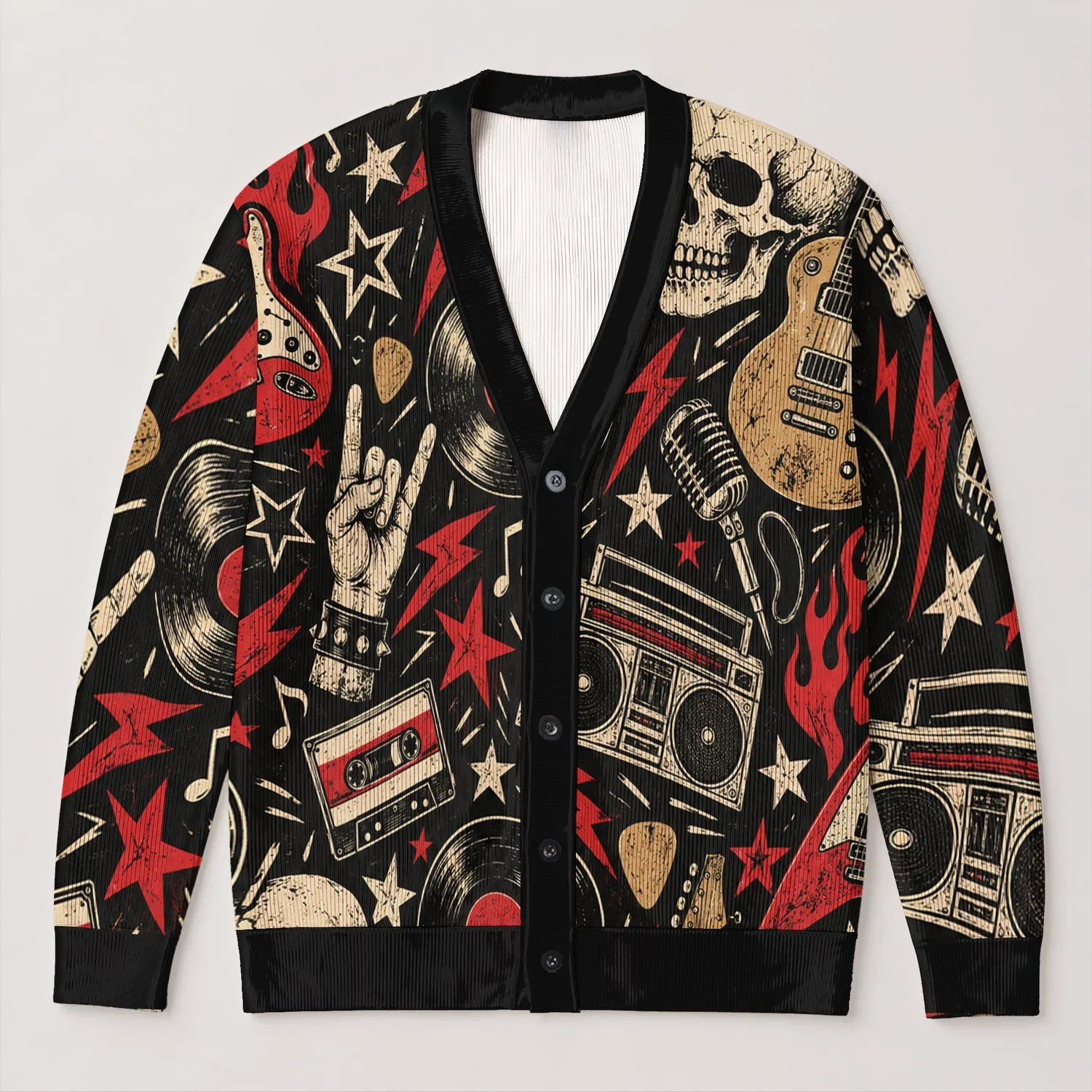 Vintage Rock Music Skulls And Guitars For Concert Nights And Casual Layering Fans All-over Print Knitted Cardigan - 1
