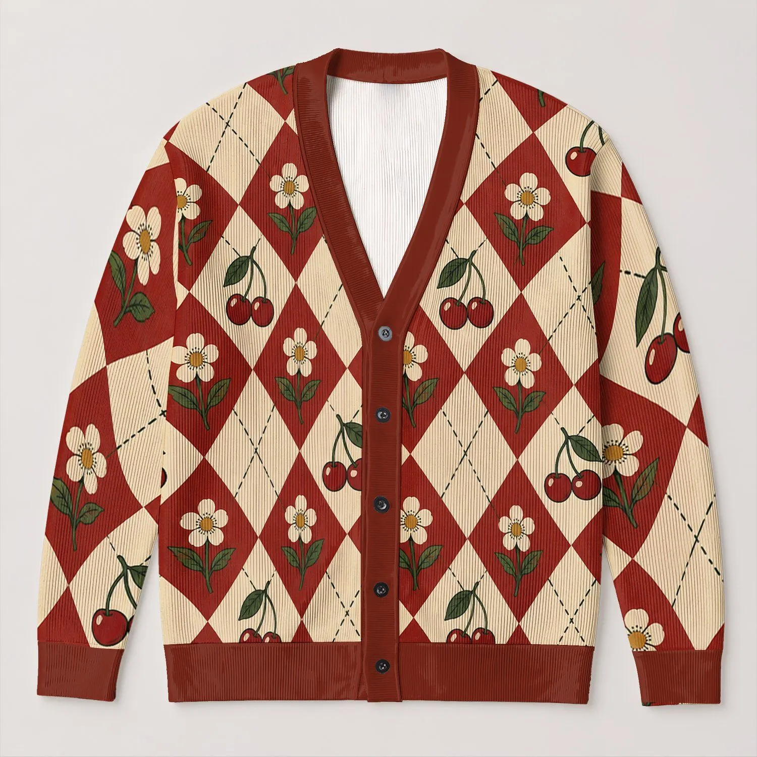Cherry Floral Argyle Style for Autumn Dates and Vacations, Women’s Vintage Layering All-over Print Knitted Cardigan - 1
