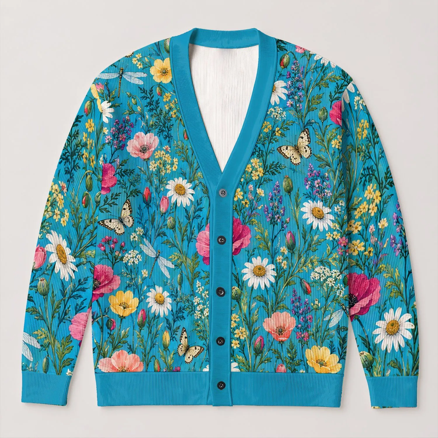 Blue Wildflower Bouquet Style for Spring Layering and Relaxed Everyday Outfits, Women All-over Print Knitted Cardigan - 1