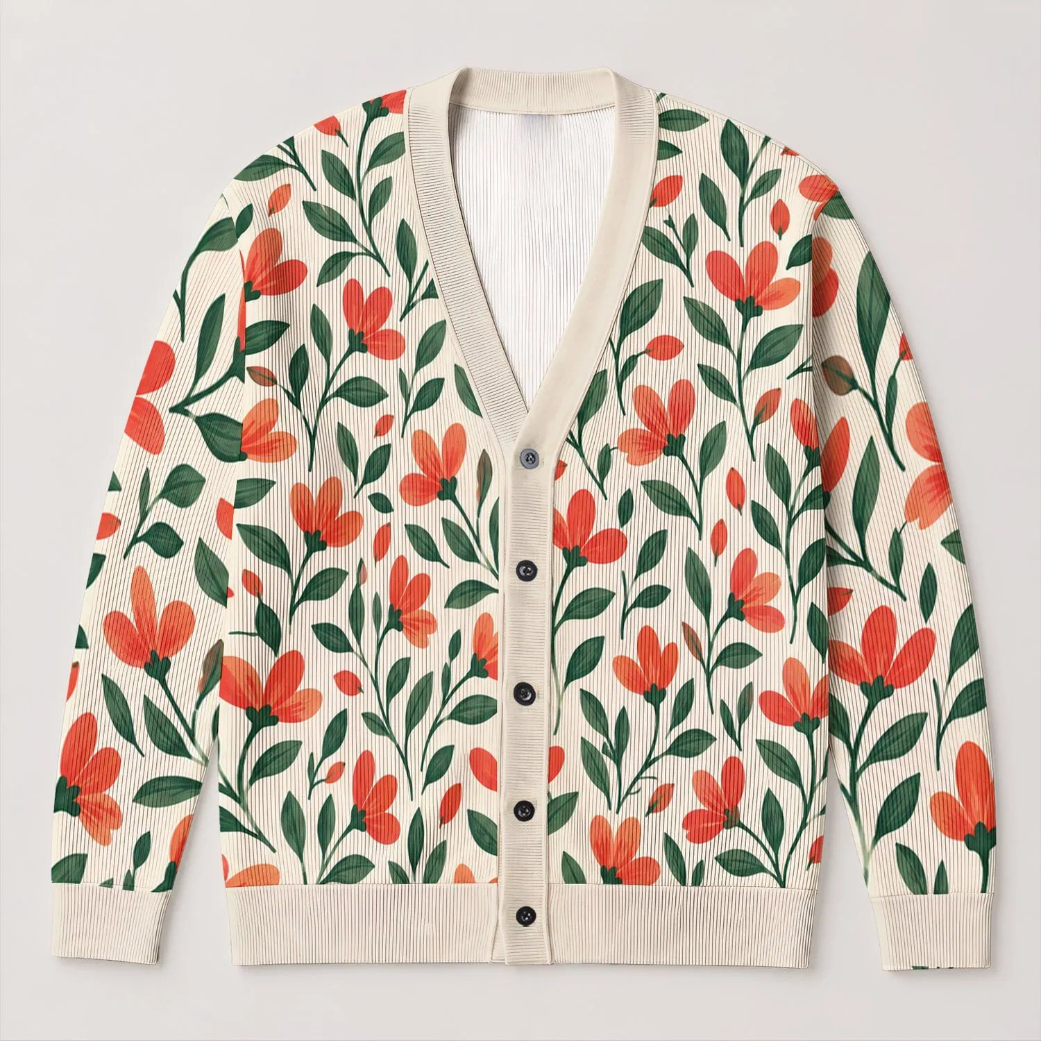 Coral Wildflower And Deep Green Leaf Motif For Casual Spring Layering And Everyday Wear All-over Print Knitted Cardigan - 1