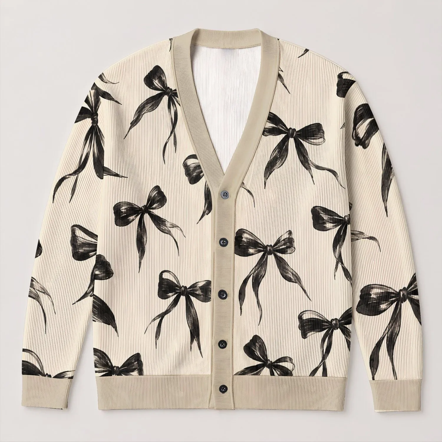 Black Ink Bow Motifs for Elegant Autumn Layering and Daily Vacation Style for Women All-over Print Knitted Cardigan - 1