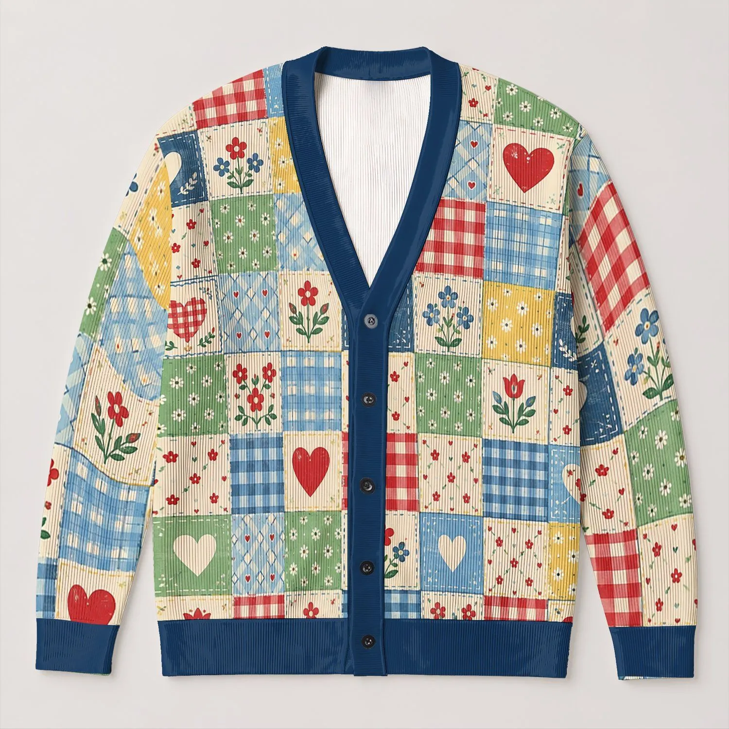 Colorful Heart Patchwork Motifs for Casual Layering, Spring Outings, And Date Days All-over Print Knitted Cardigan - 1