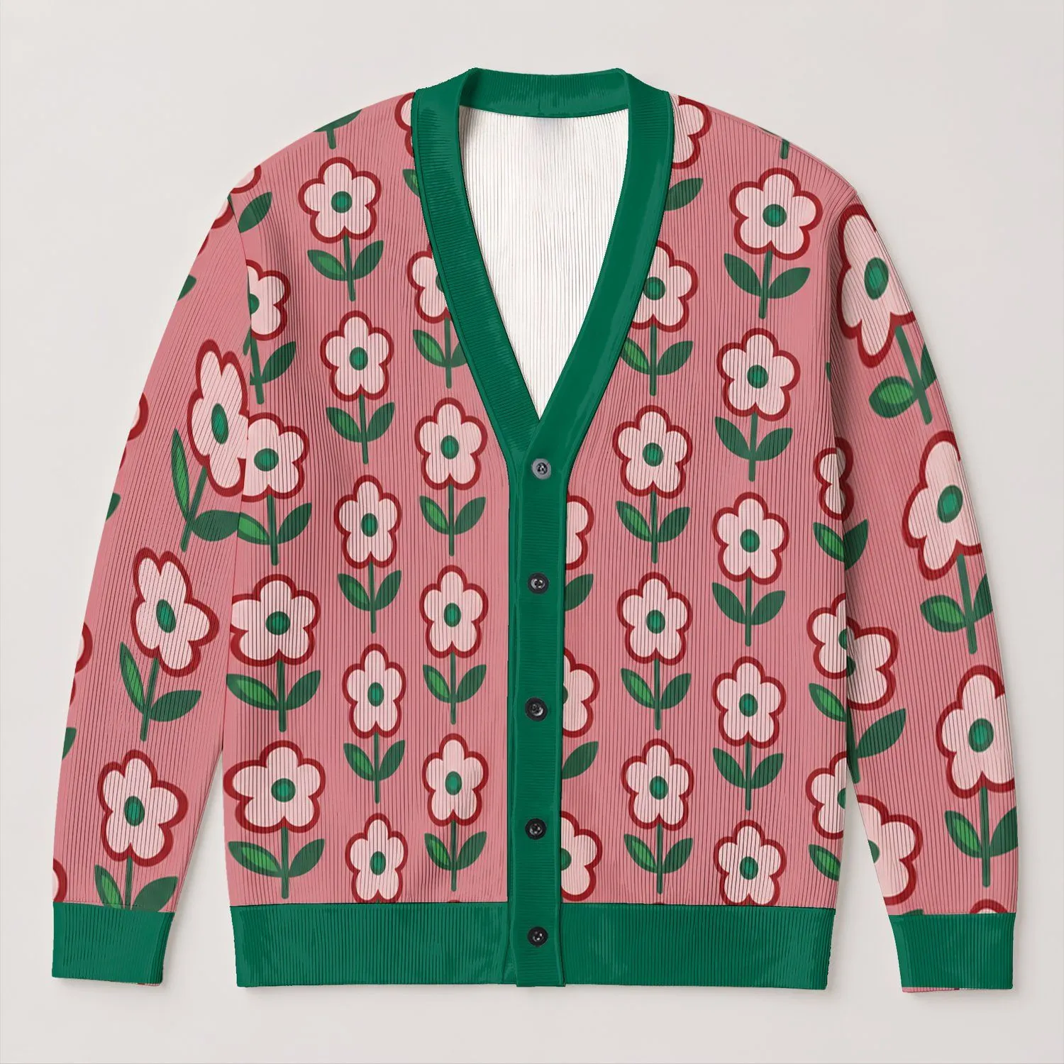 Red Flower Green Leaf Botanical Style For Autumn Vacation And Everyday Layering For Women All-over Print Knitted Cardigan - 1