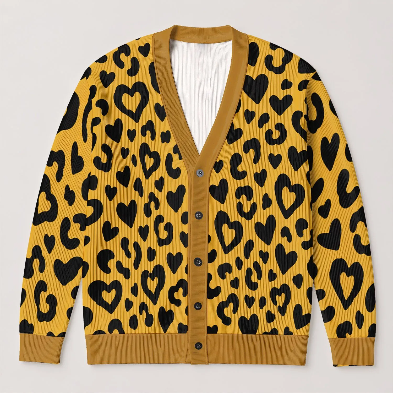 Mustard Heart Leopard Motif For Date Nights And Weekend Getaways With Everyday Charm All-over Print Knitted Cardigan - 1