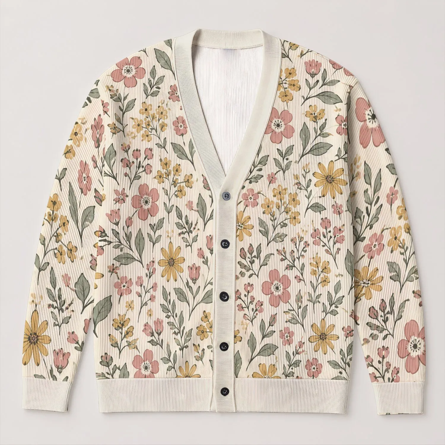 Pastel Botanical Flowers And Leaves For Spring Vacation Layering, Plus Size Women All-over Print Knitted Cardigan - 1