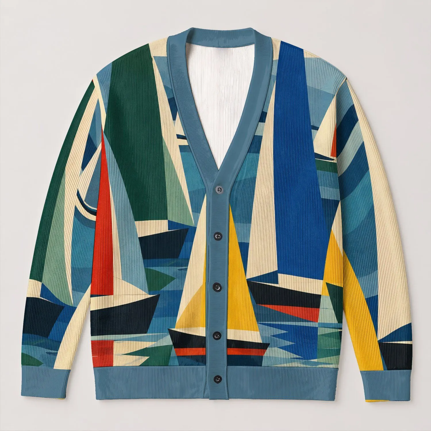 Abstract Sailboat Shapes for Coastal Vacation Layering, Casual Autumn Style for Women All-over Print Knitted Cardigan - 1