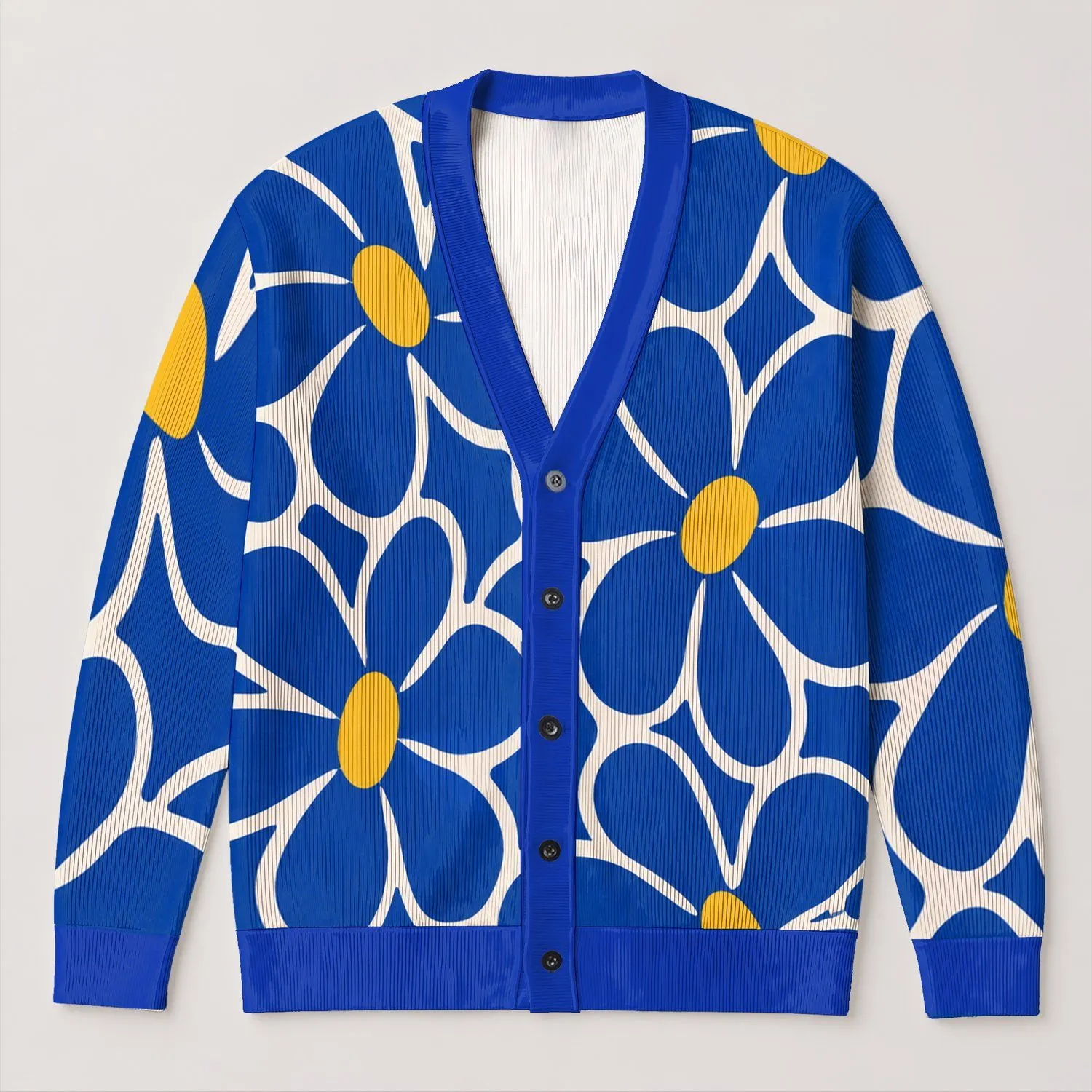 Blue Yellow Abstract Floral Motifs For Vacation Layering And Everyday Style For Women All-over Print Knitted Cardigan - 1