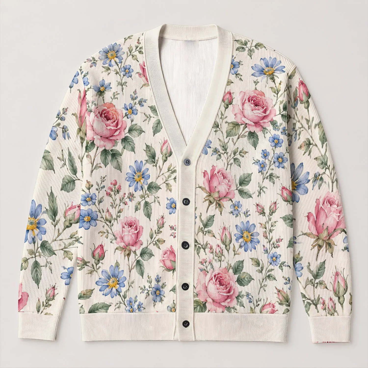 Pink Roses and Blue Daisies for Spring Days and Garden Dates, Feminine Style for Her All-over Print Knitted Cardigan - 1