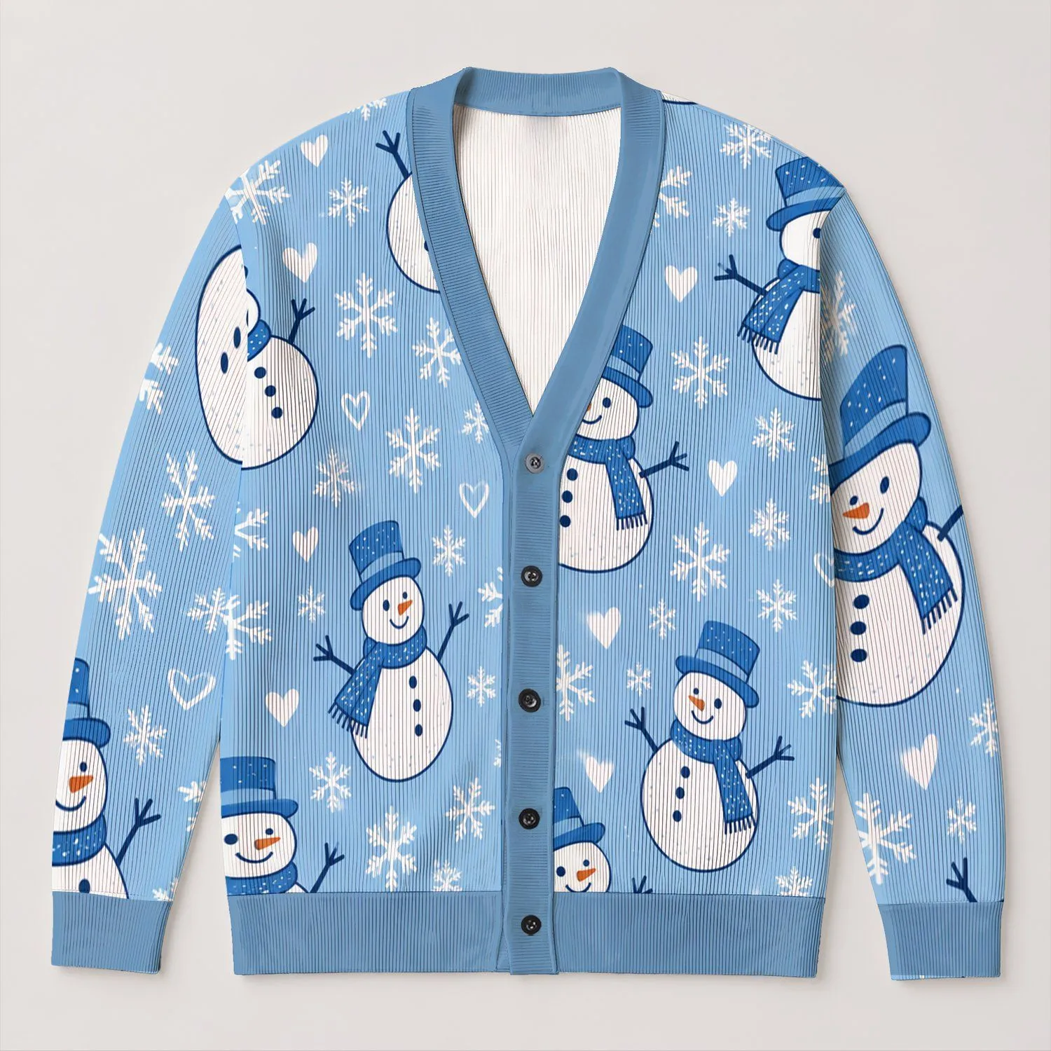 Playful Snowman Snowflake Hearts for Cozy Winter Layering and Holiday Outings Women All-over Print Knitted Cardigan - 1