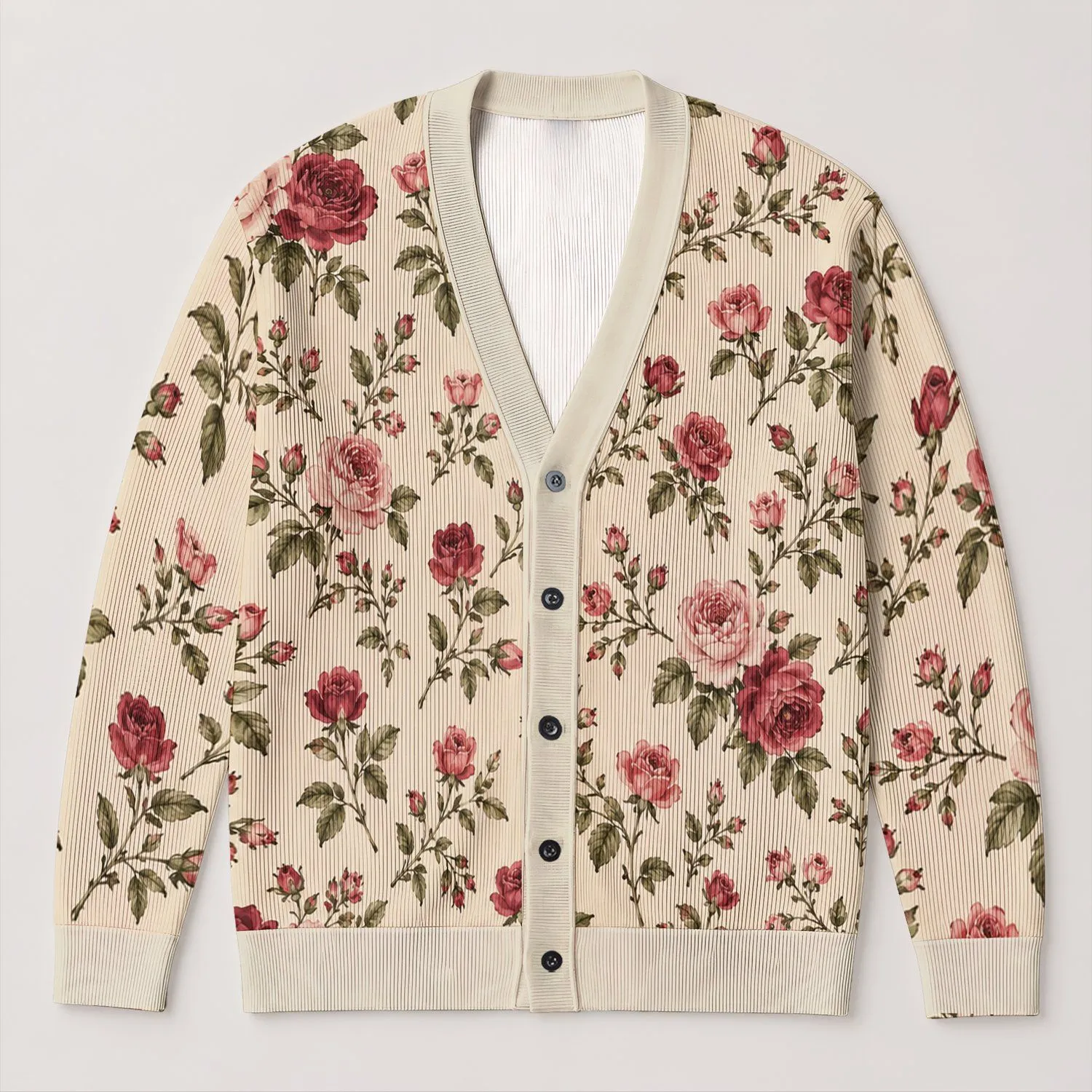 Vintage Rose Botanical Blooms for Autumn Layering, Romantic Everyday Style for Women All-over Print Knitted Cardigan - 1