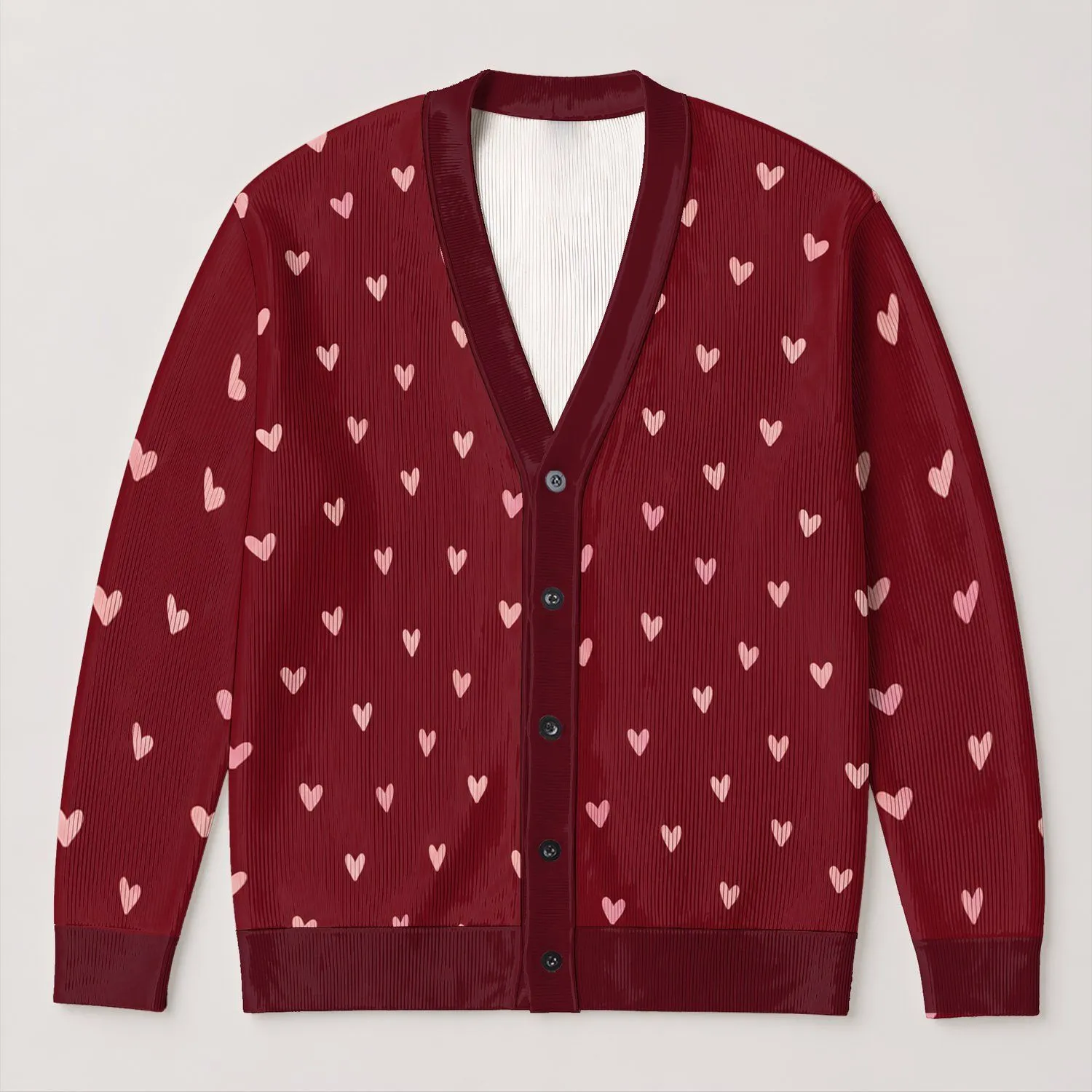 Blush Hearts on Wine Red for Romantic Weekends and Everyday Women's Layering Style All-over Print Knitted Cardigan - 1
