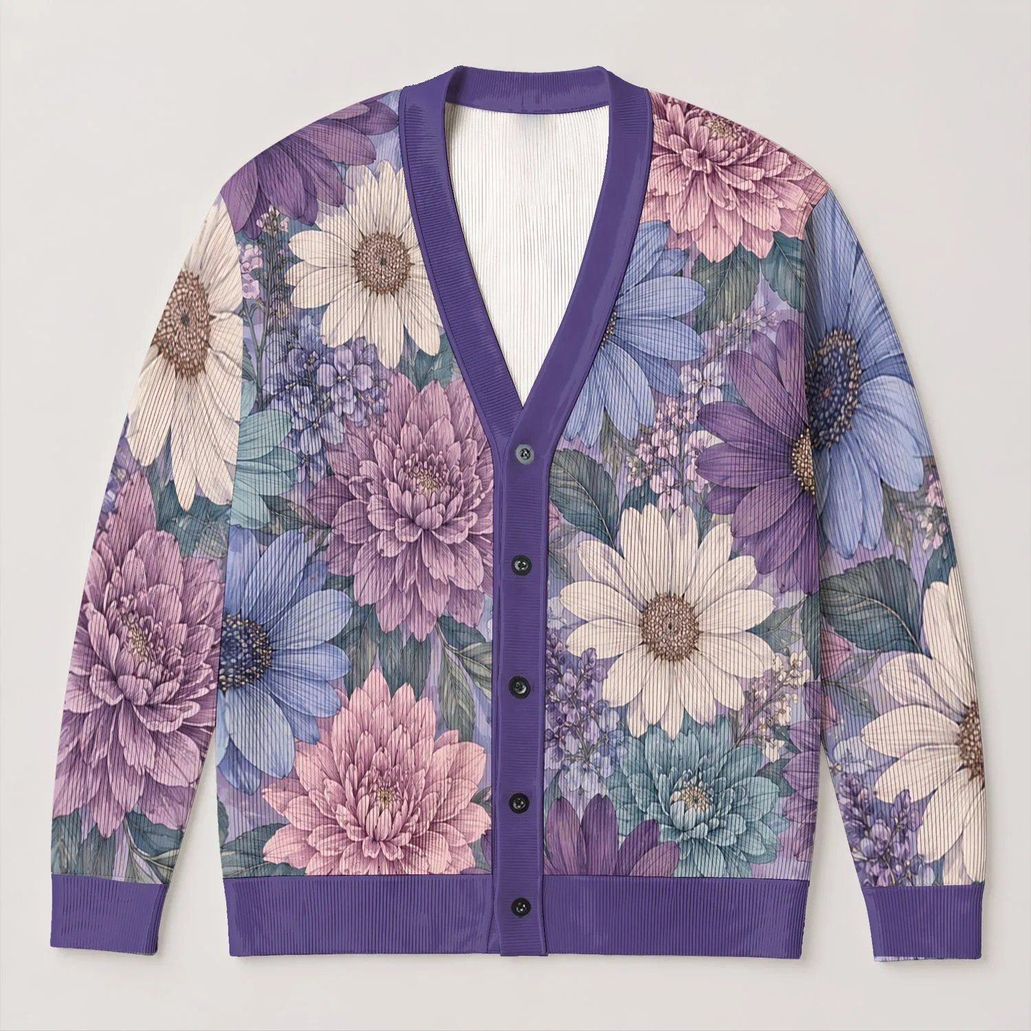 Lavender Blue Floral Blooms For Elegant Vacation Layering And Relaxed Everyday Style All-over Print Knitted Cardigan - 1
