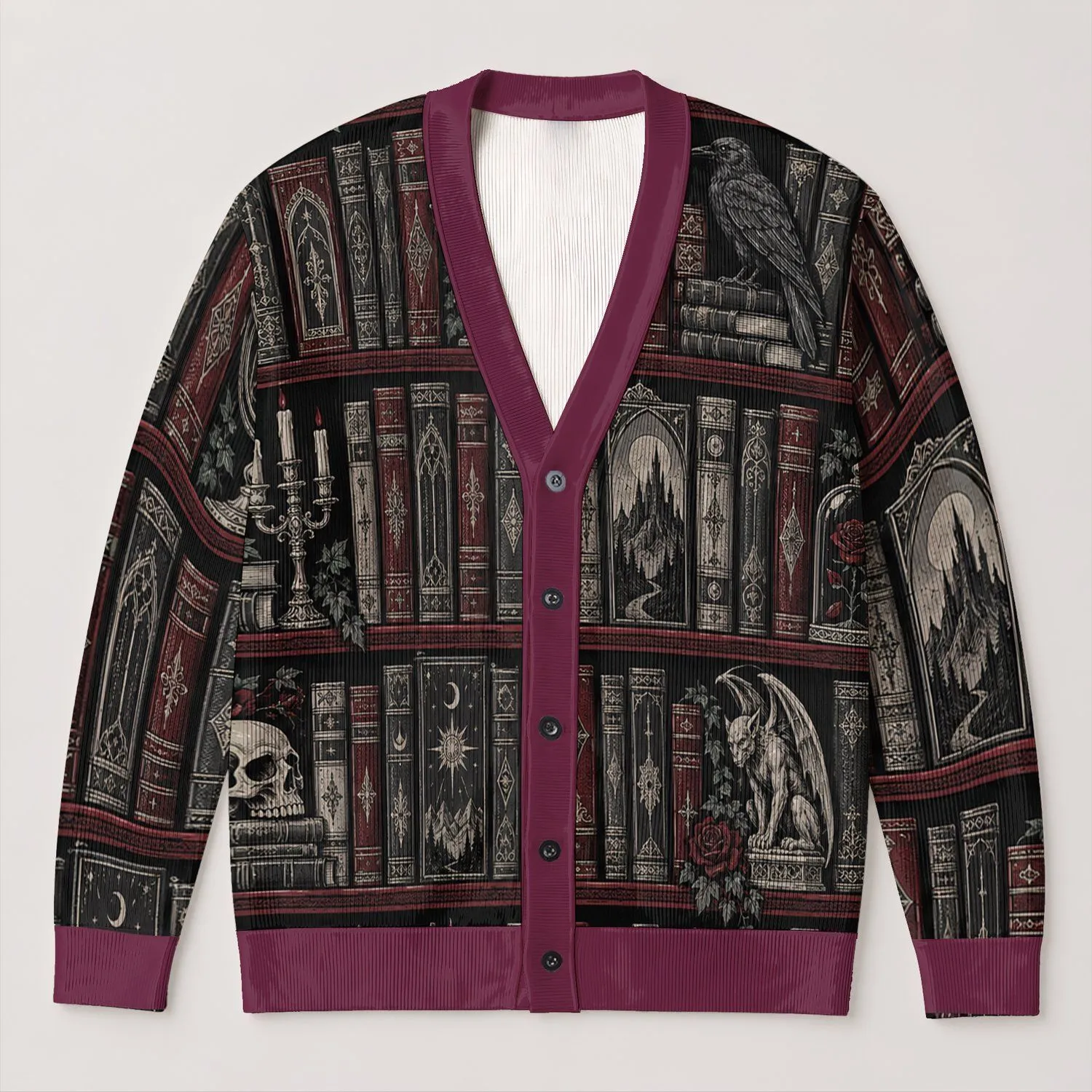 Gothic Book Spines for Dark Romance Reading Gifts, Fantasy Library Lovers and Readers All-over Print Knitted Cardigan - 1