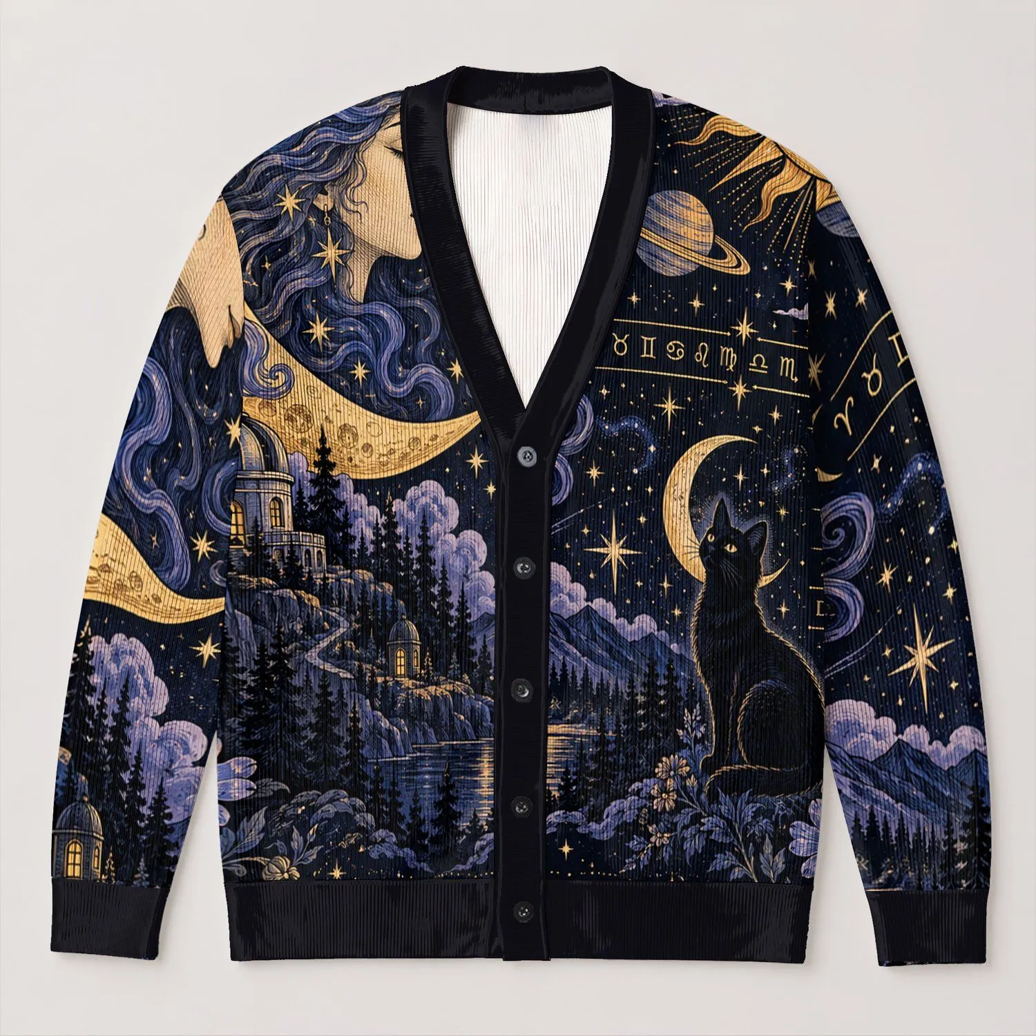 Celestial Black Cat Astrology Night Sky Magic for Everyday Layering and Stargazing All-over Print Knitted Cardigan - 1