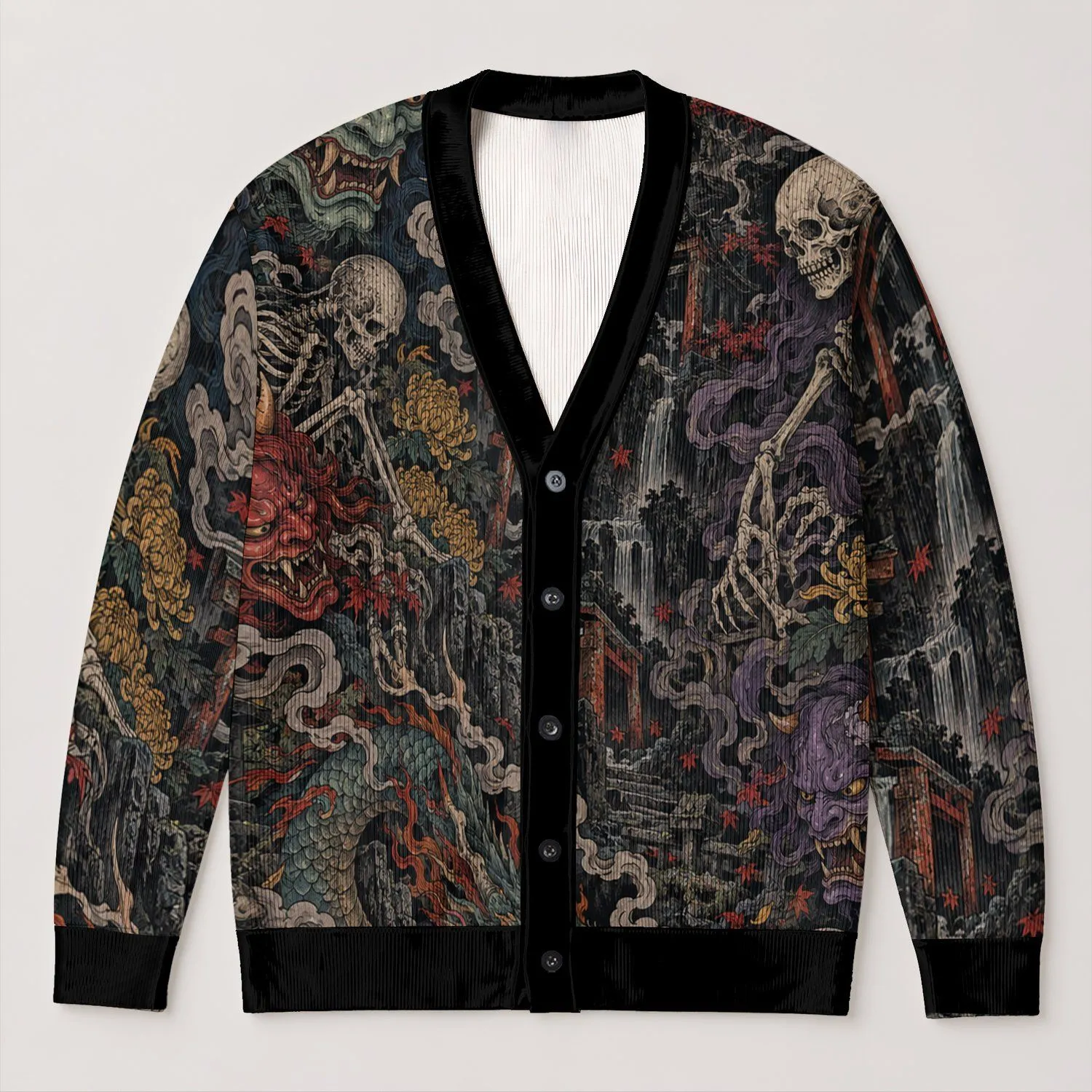 Japanese Oni Yokai Demon Motifs for Gothic Layering and Samurai-Inspired Streetwear All-over Print Knitted Cardigan - 1