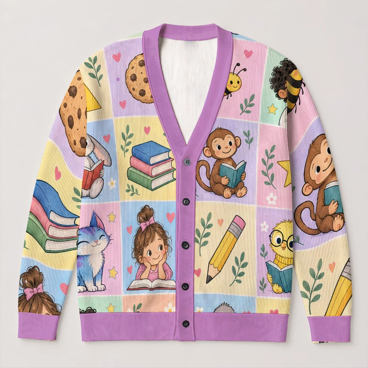 Pastel Storybook Classroom Characters for Everyday Reading and Teaching Style Gifts All-over Print Knitted Cardigan - 1