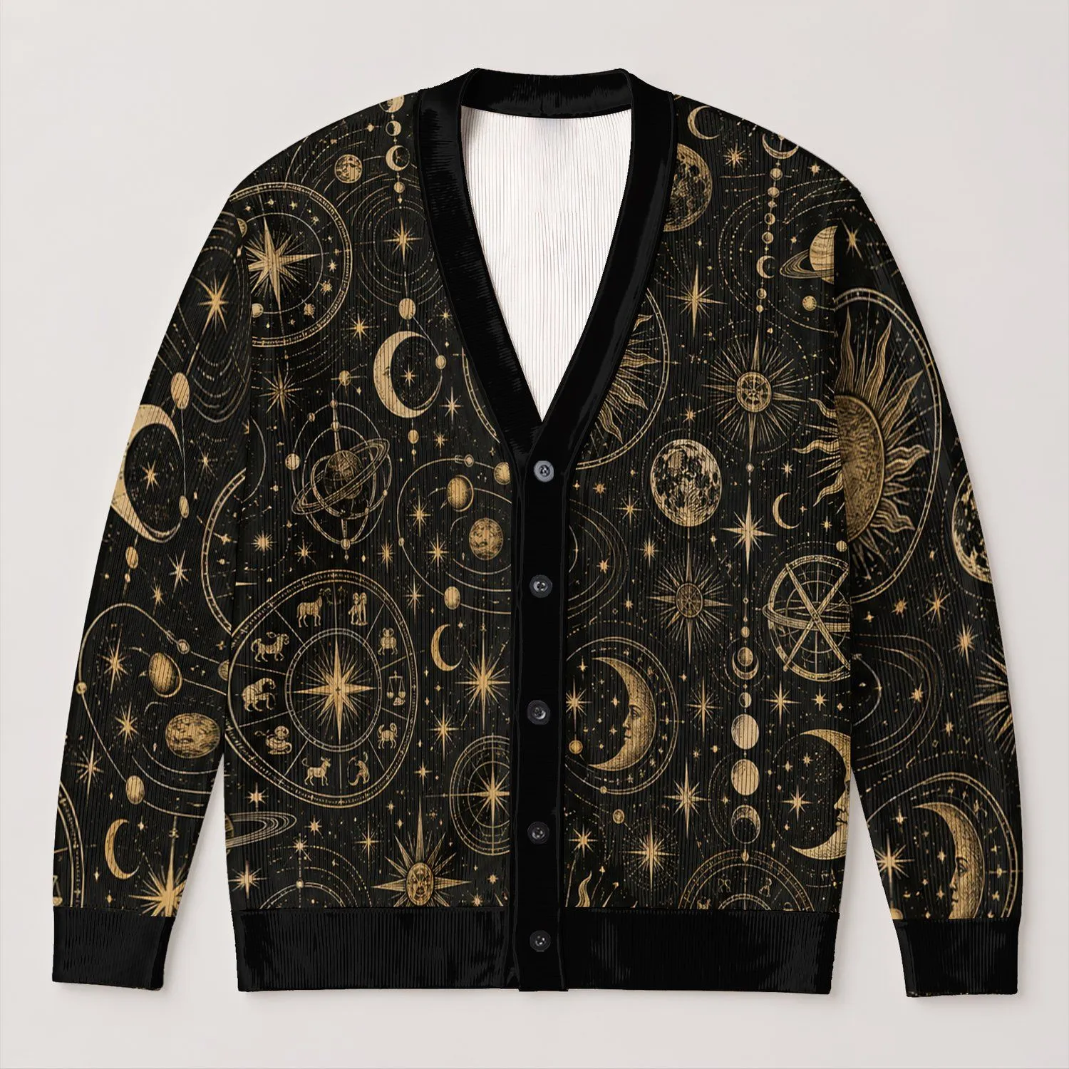 Celestial Tarot Astrology Motifs for Mystic Layering, Festivals, and Everyday Style All-over Print Knitted Cardigan - 1