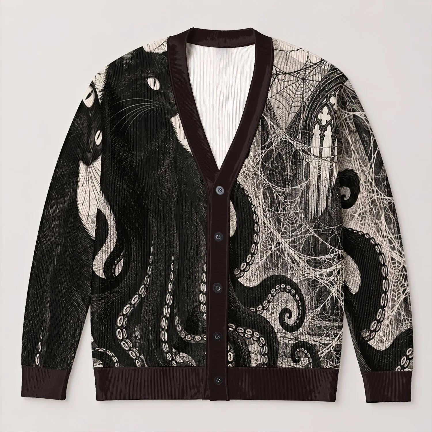 Black Cat Octopus Spiderweb Motif For Spooky Fall Layering, Gothic Animal Lovers Gift All-over Print Knitted Cardigan - 1
