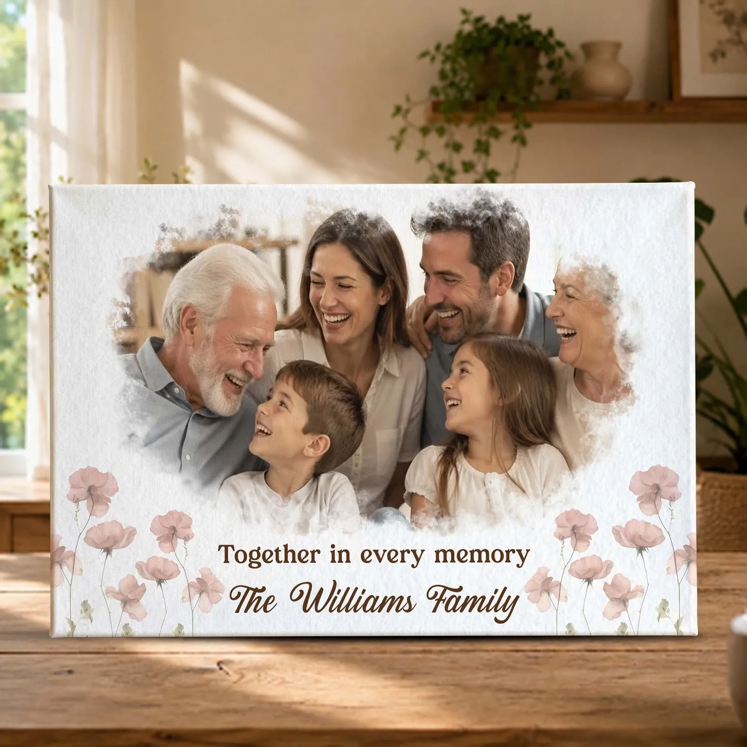 Personalized Family Photo Canvas – Custom Family Name Floral Wall Art, Christmas Gift for Grandparents - 1