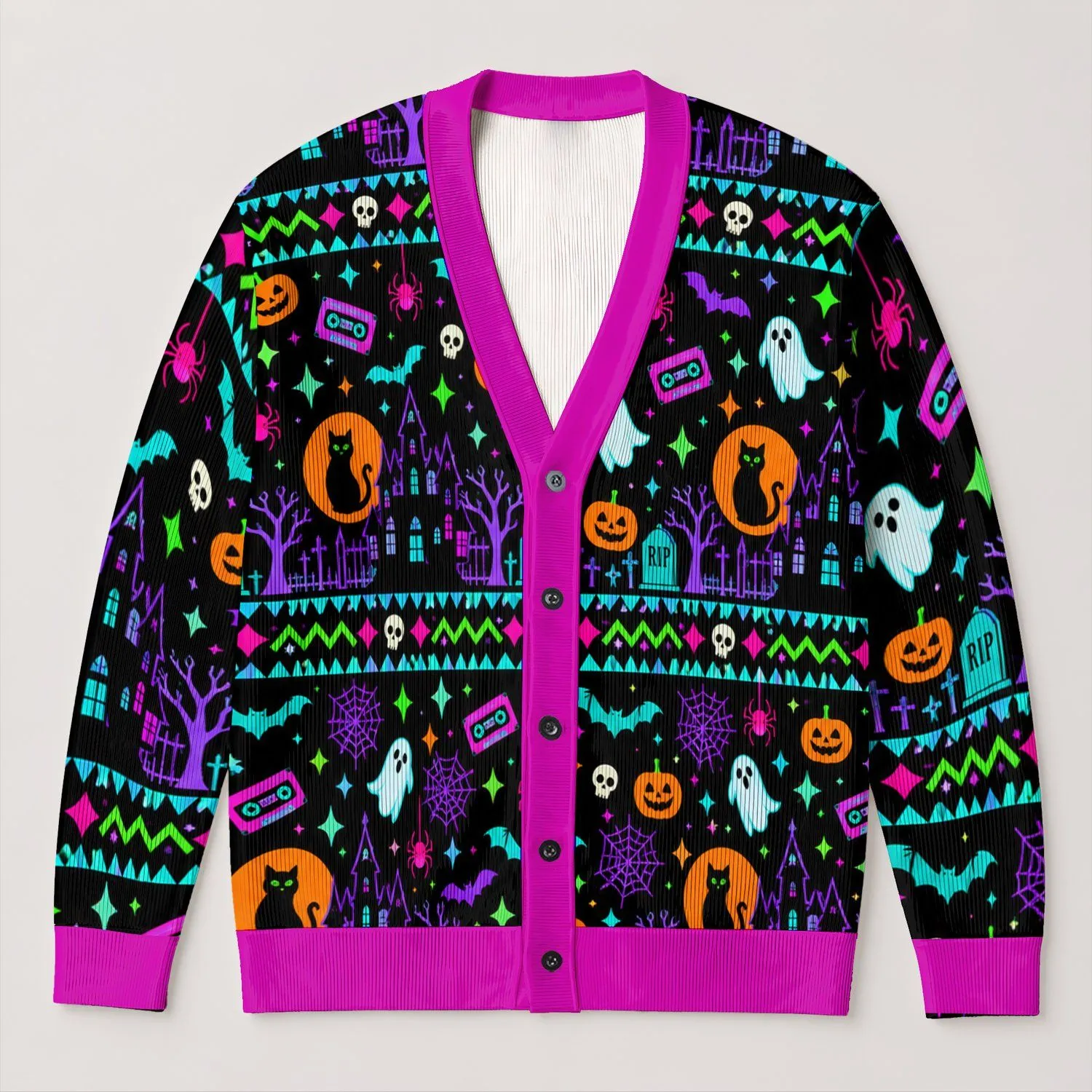 Neon Halloween Haunted House Cats And Ghosts For Spooky October Celebrations All-over Print Knitted Cardigan - 1