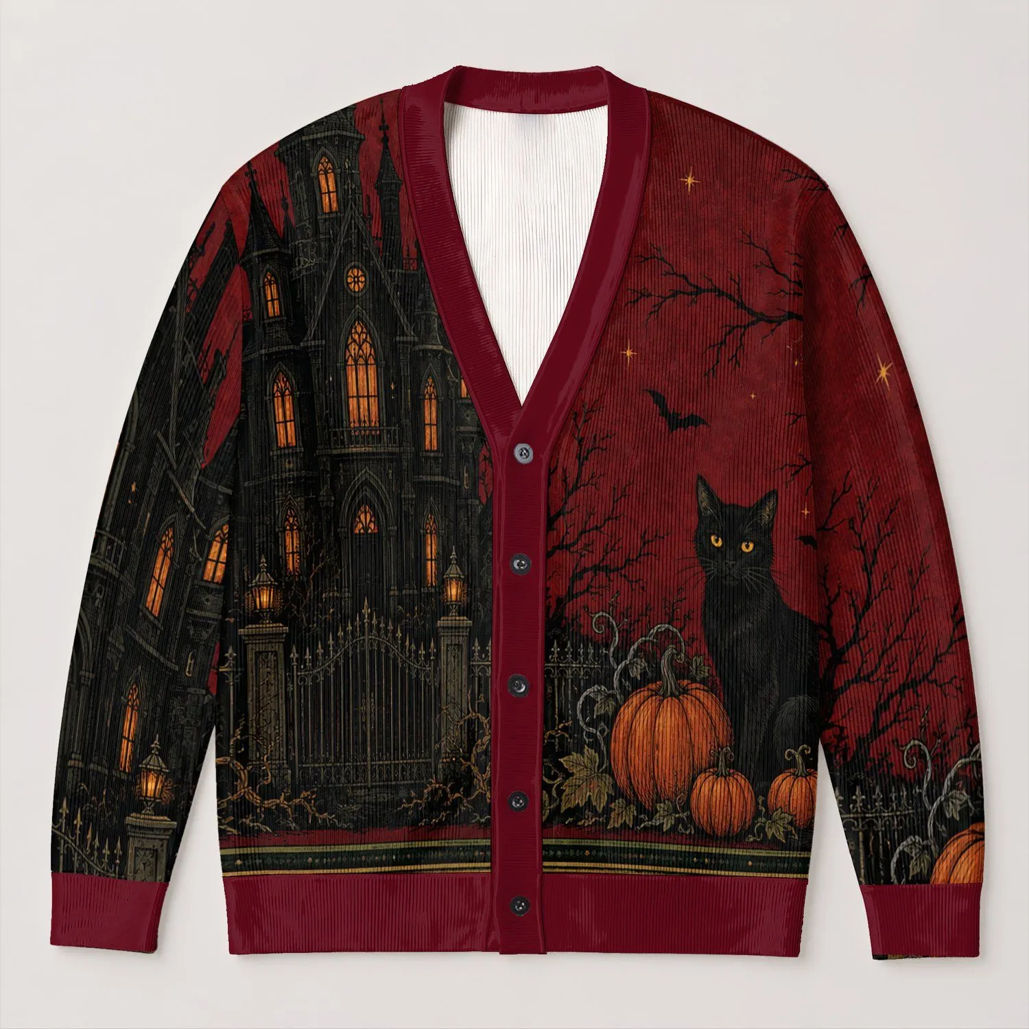 Gothic Mansion, Black Cat & Pumpkin Halloween Style for Spooky Autumn Evenings All-over Print Knitted Cardigan - 1