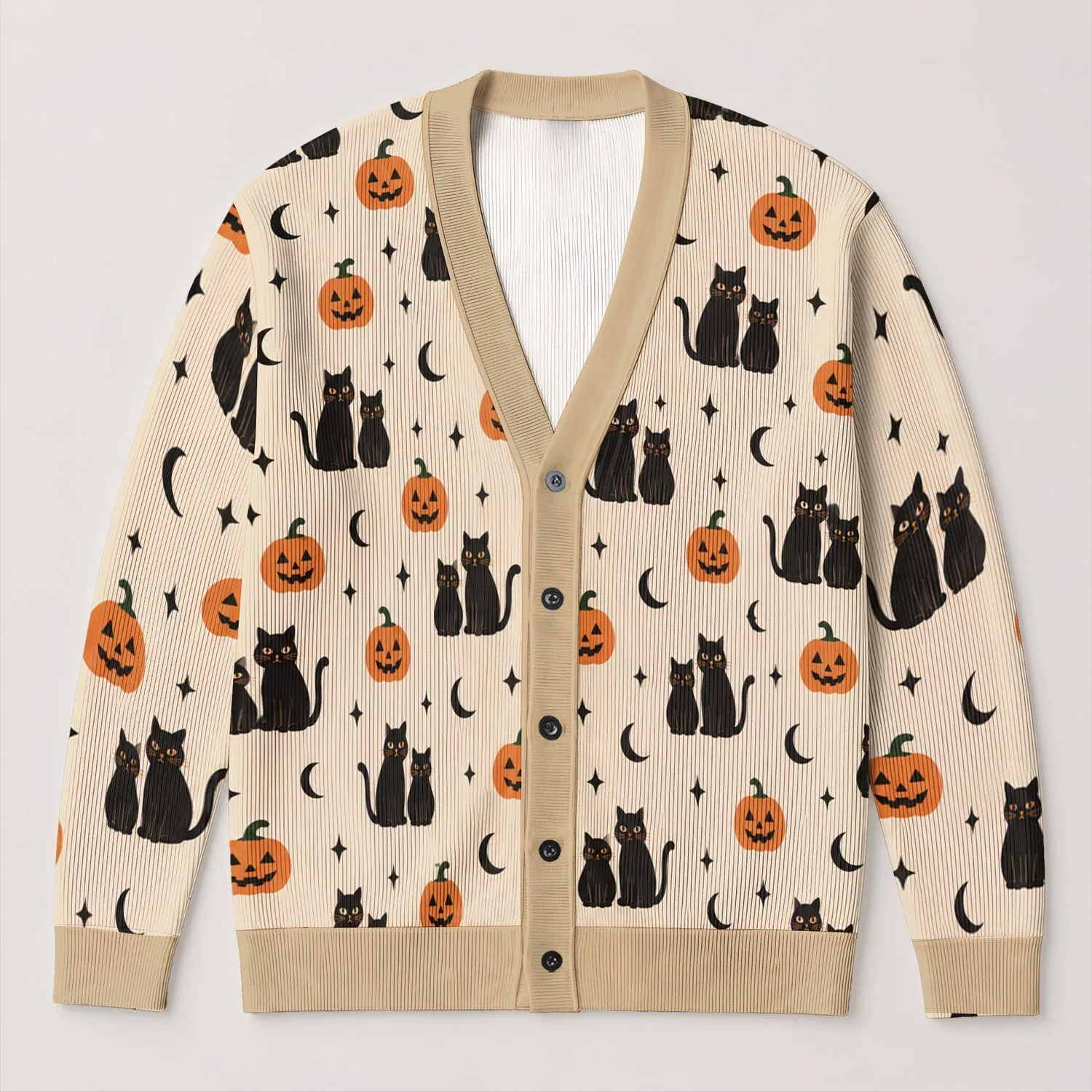 Black Cats, Crescent Moons and Pumpkins for Cozy Cottagecore Halloween Evenings All-over Print Knitted Cardigan - 1