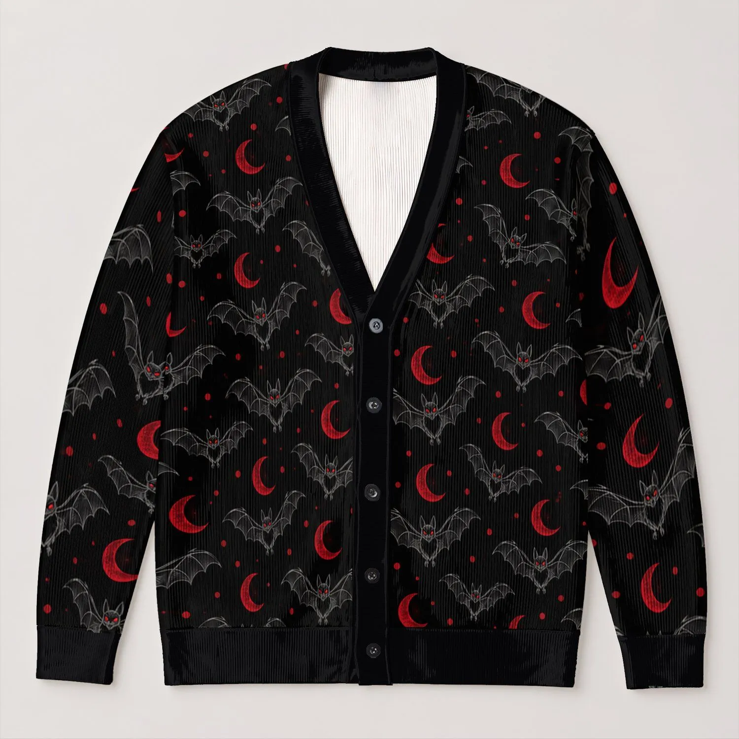 Mothman and Crimson Crescent Moon Night Sky for Gothic Everyday Layering and Collectors All-over Print Knitted Cardigan - 1