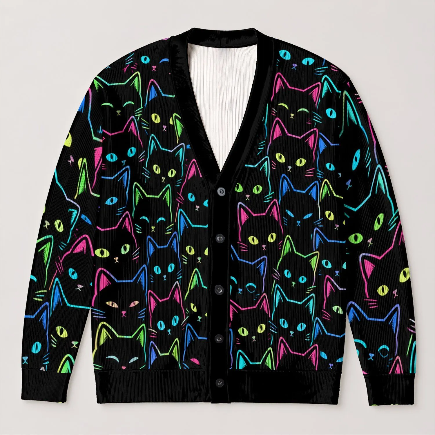 Neon Black Cat Faces for Cozy Everyday Layering and Cat Lover Gifts for Kawaii Fans All-over Print Knitted Cardigan - 1