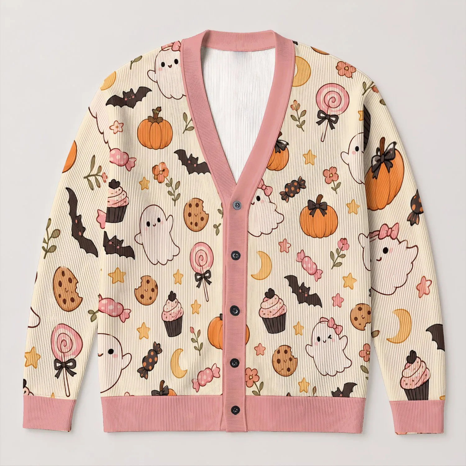 Cute Halloween Pumpkin Ghost Treats for Cozy October Nights and Fall Celebrations All-over Print Knitted Cardigan - 1