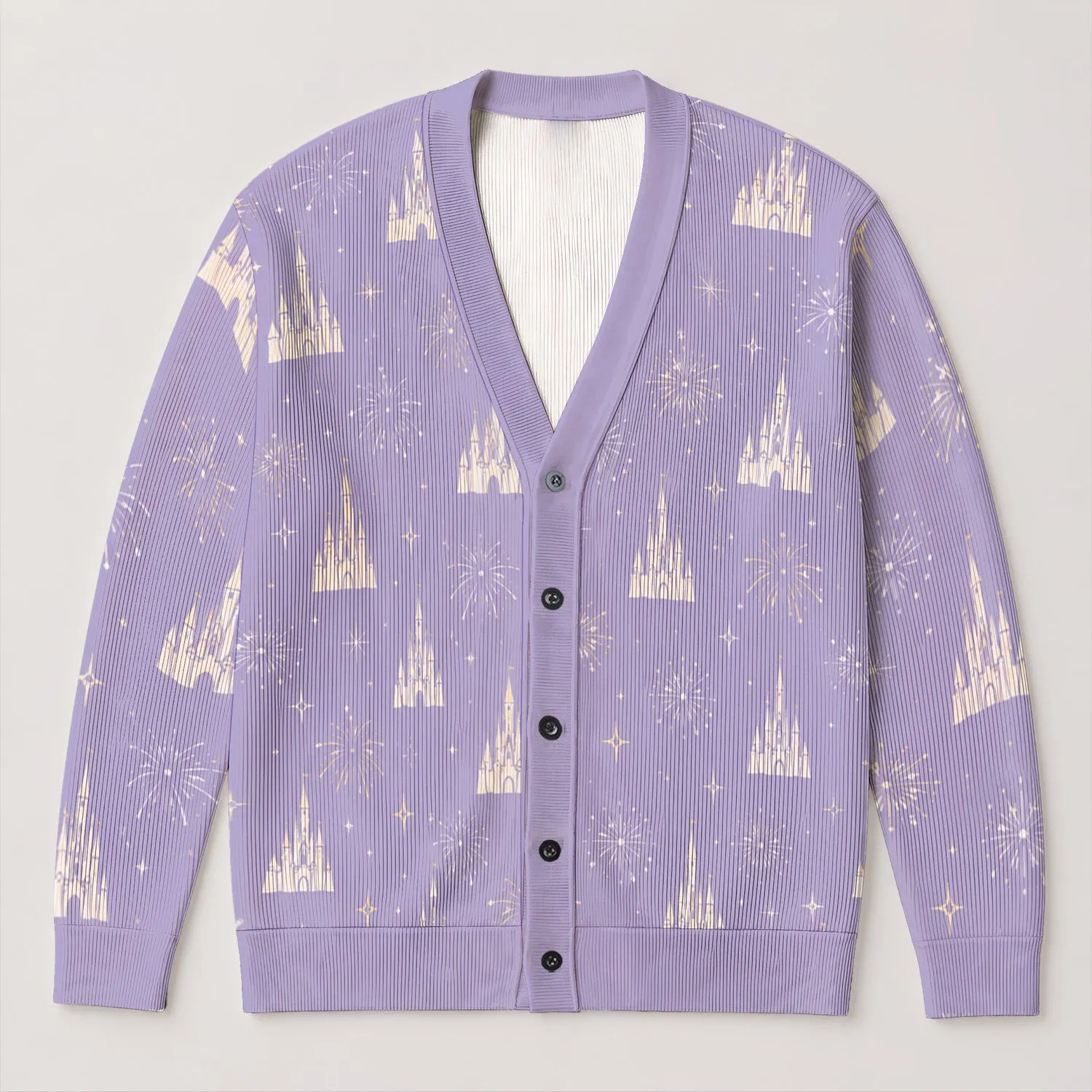 Pastel Fairytale Castle Fireworks for Magical Theme Park Vacation and Travel Day Outfits All-over Print Knitted Cardigan - 1