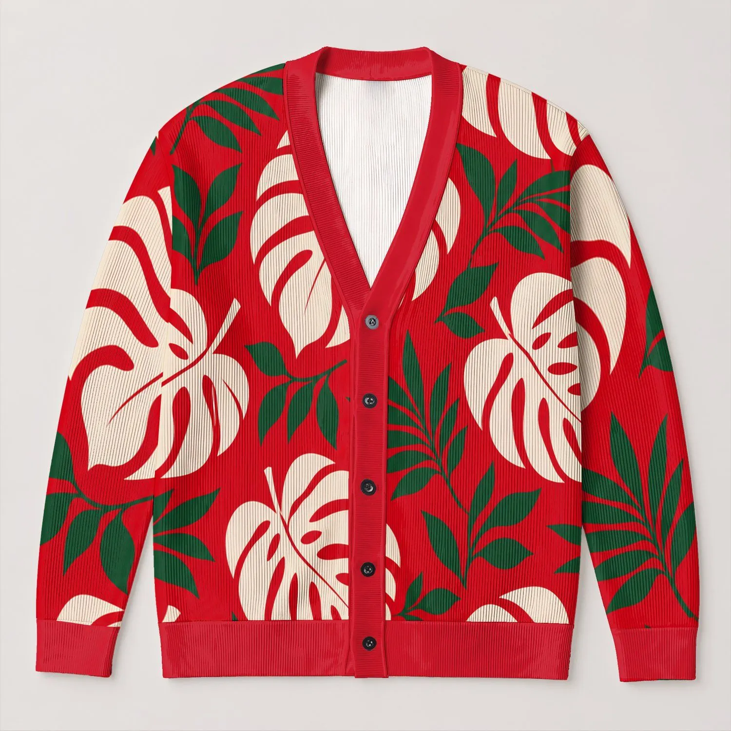 Red Tropical Leaf Style for Everyday Layering and Vacation Wear All-over Print Knitted Cardigan - 1