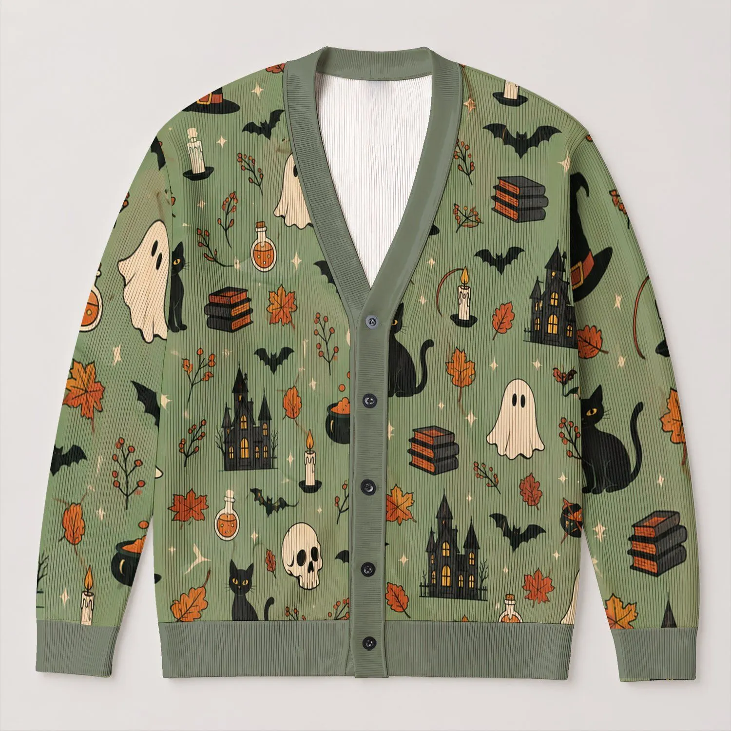Spooky Witch Cat, Haunted House, Ghosts and Bats for Halloween Night Layering Style All-over Print Knitted Cardigan - 1