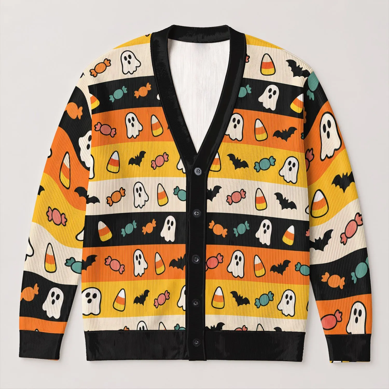 Halloween Ghost Candy Corn Bats and Sweets for Trick-or-Treat Parties and Fall Days All-over Print Knitted Cardigan - 1