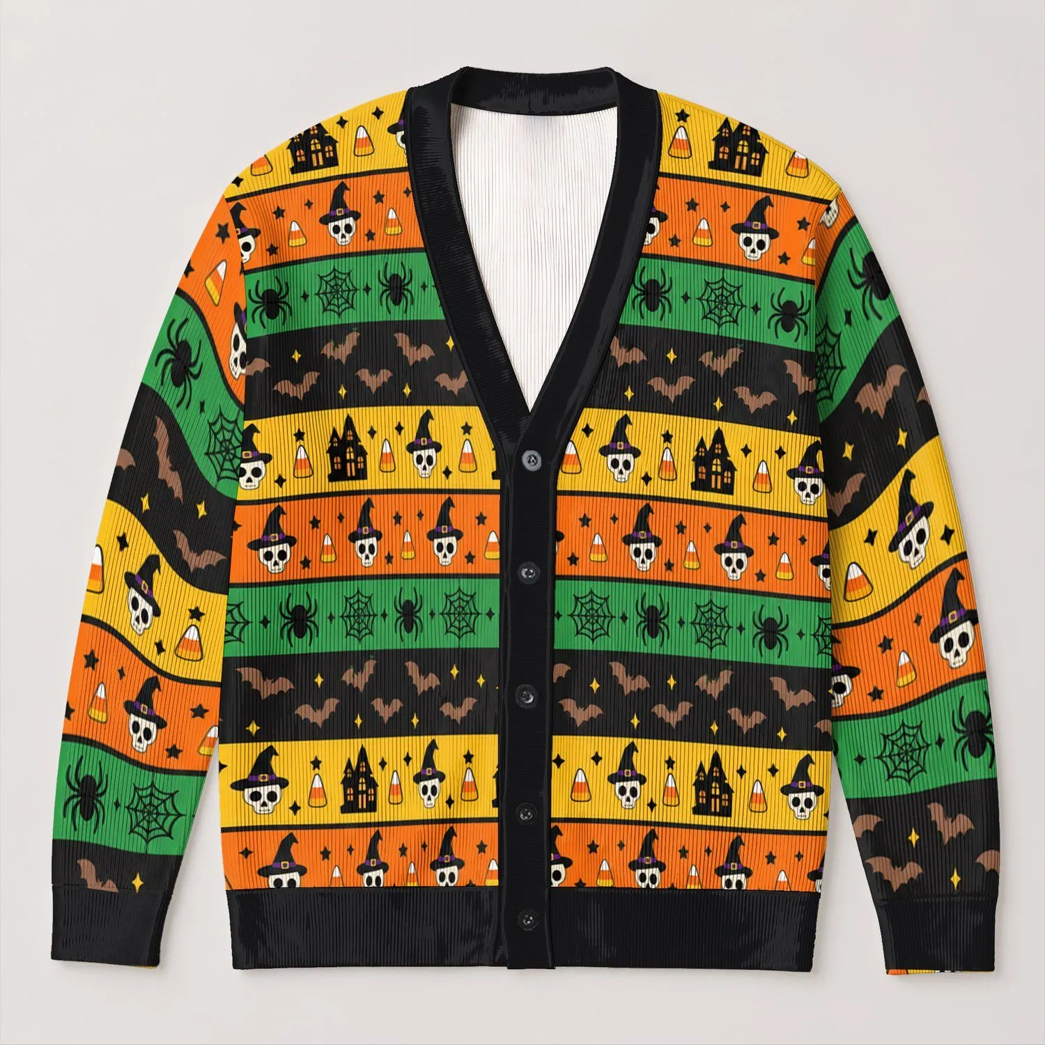 Halloween Witch Hats, Skulls, Bats And Spiders For Cozy October Night Celebrations All-over Print Knitted Cardigan - 1
