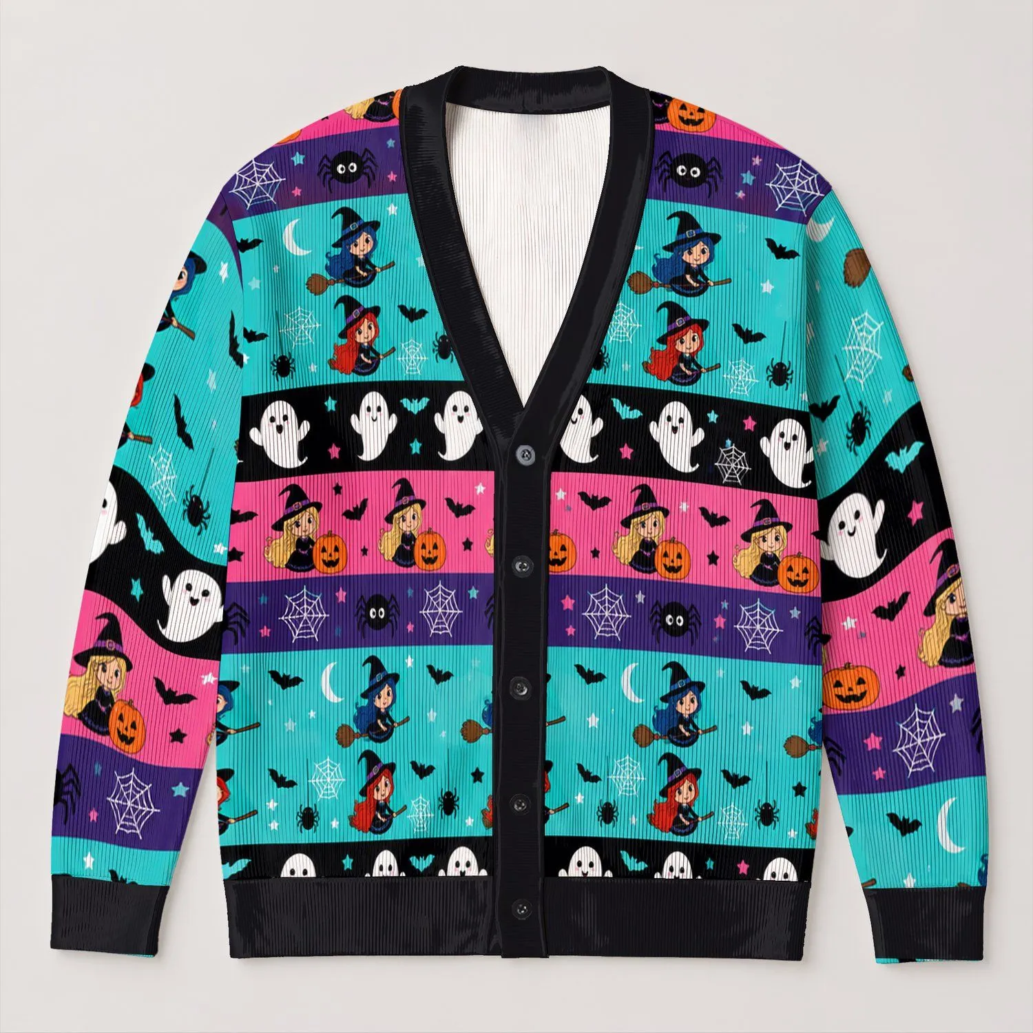 Cute Halloween Witches, Ghosts And Spiders For Festive Spooky Autumn Party Style All-over Print Knitted Cardigan - 1