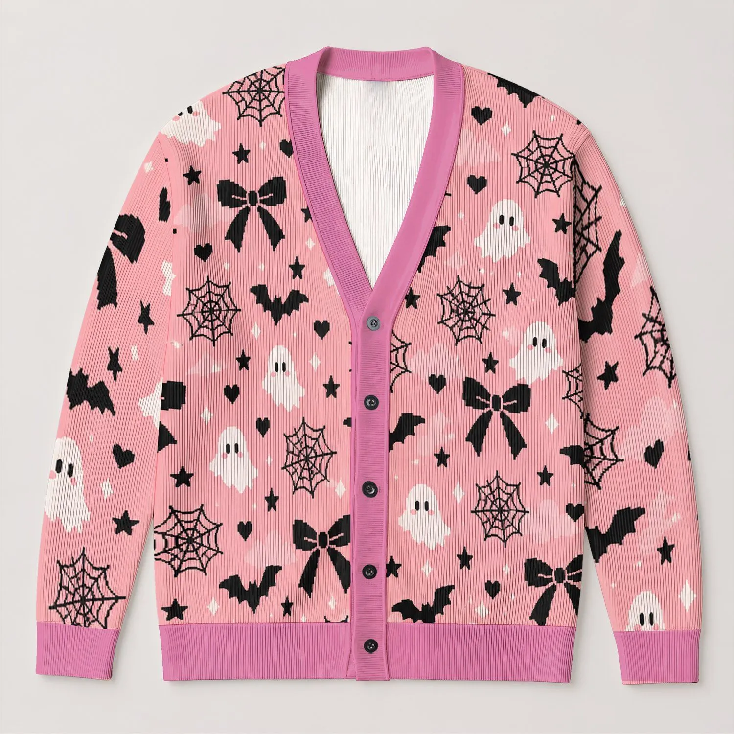 Cute Ghosts, Bats and Black Bows for Playful Halloween Layering and Cozy Autumn Style All-over Print Knitted Cardigan - 1
