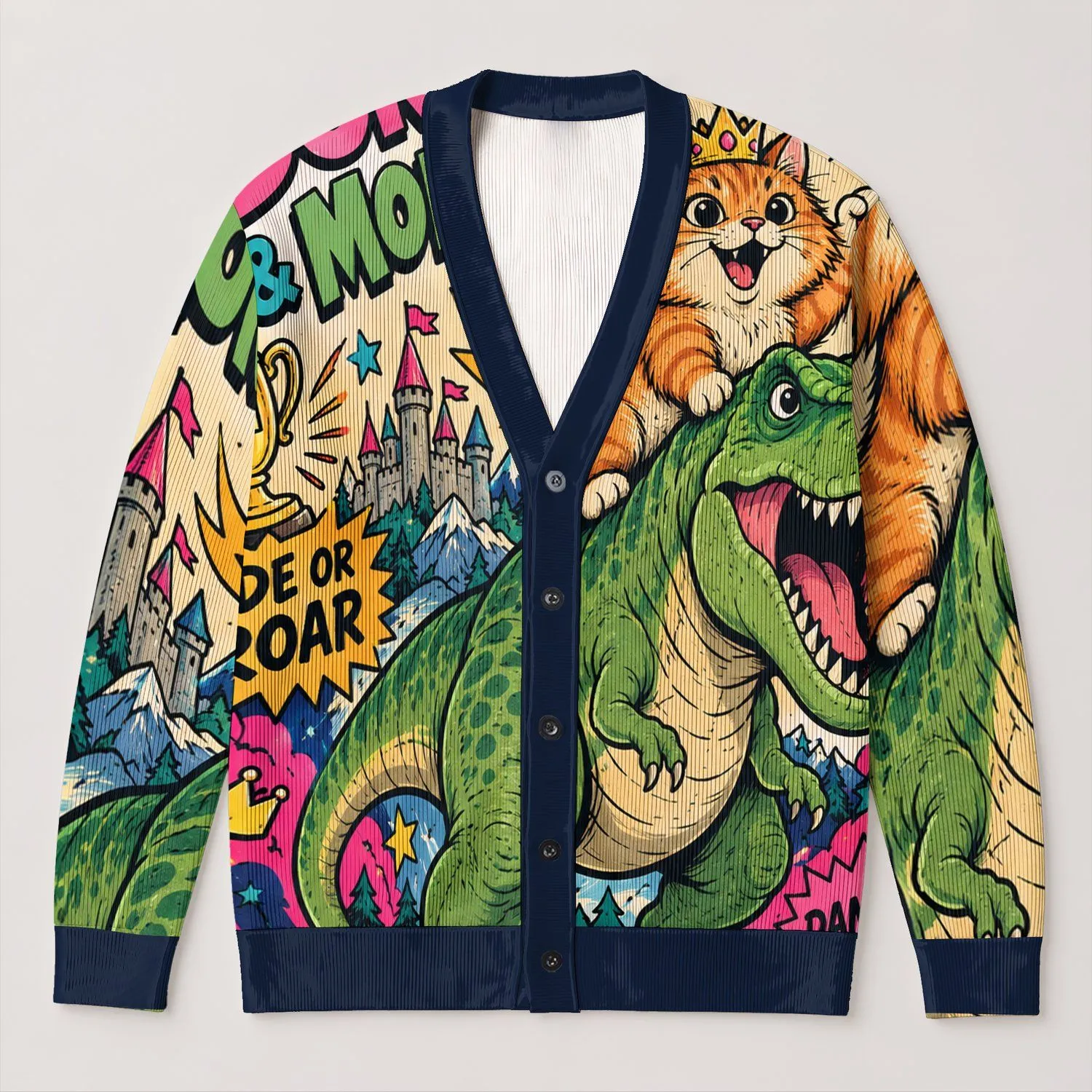 Princess Donut & Mongo Ride Or Roar Fantasy Cat Dinosaur Gift For Book Lovers Cozy Fall All-over Print Knitted Cardigan - 1