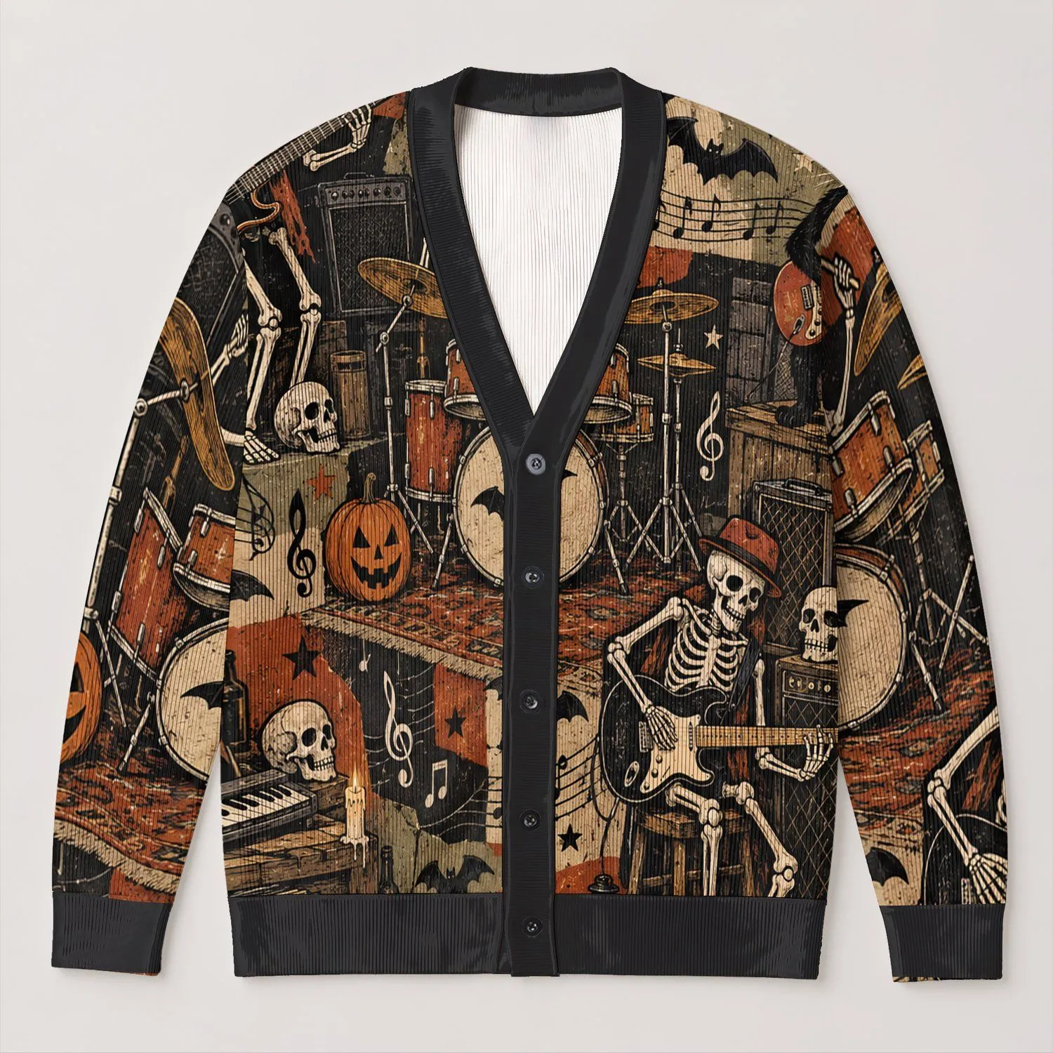 David Halloween Skeleton Music Motifs for Spooky Band Nights and Fall Gatherings All-over Print Knitted Cardigan - 1
