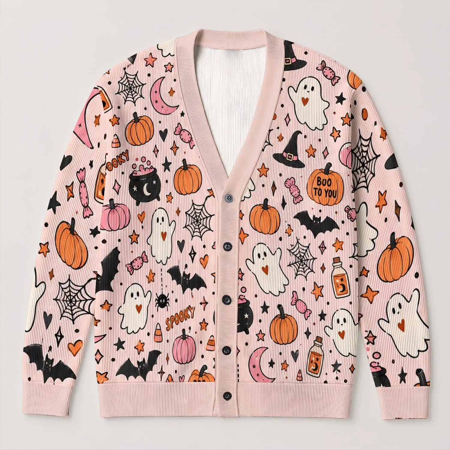 Pastel Halloween Ghosts And Pumpkins For Cozy October Outings And Festive Gatherings All-over Print Knitted Cardigan - 1