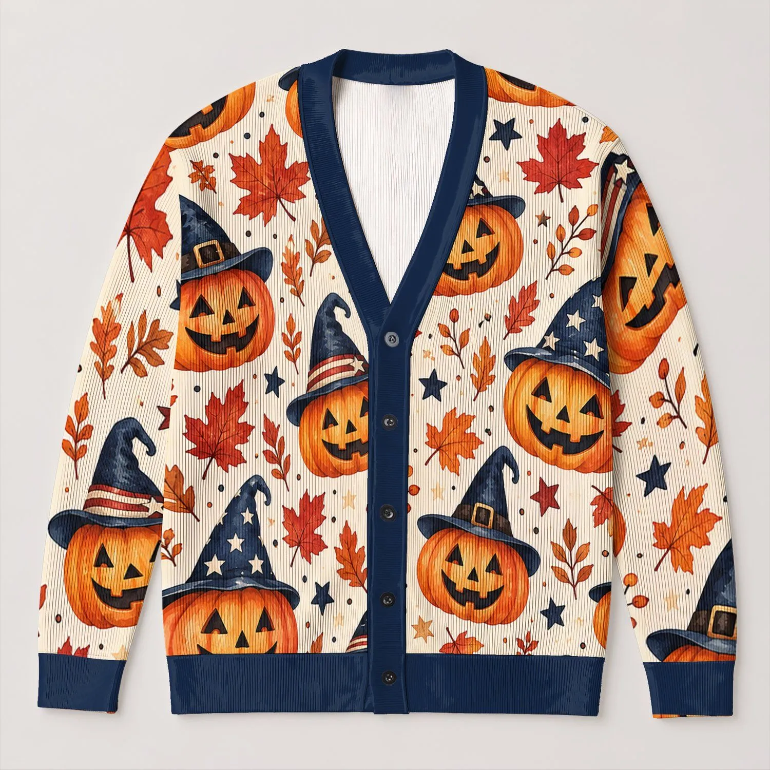 Jack-O-Lantern Witch Hat Autumn Style for Halloween Parties and Women All-over Print Knitted Cardigan - 1