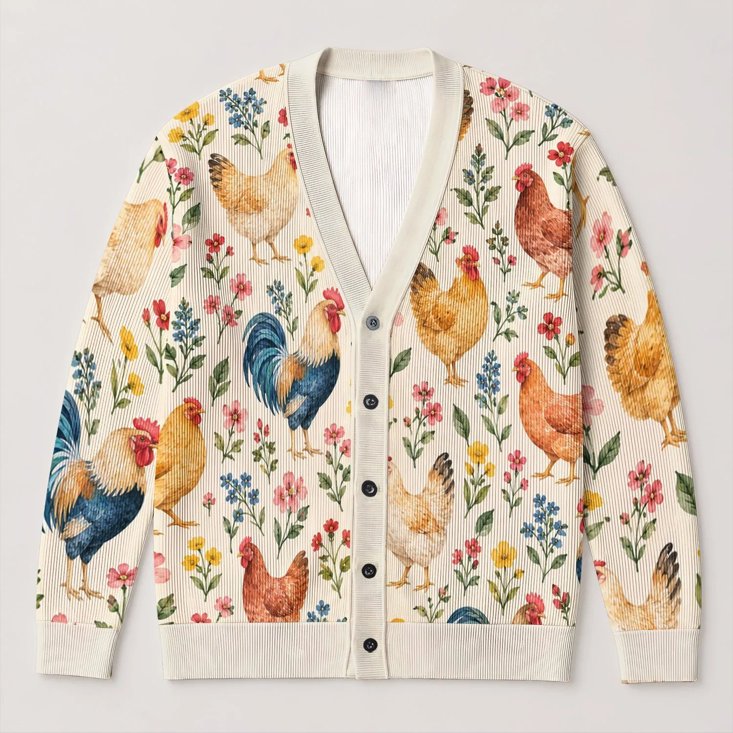 Watercolor Chickens And Roosters For Farmhouse Days, Country Living And Casual Women All-over Print Knitted Cardigan - 1