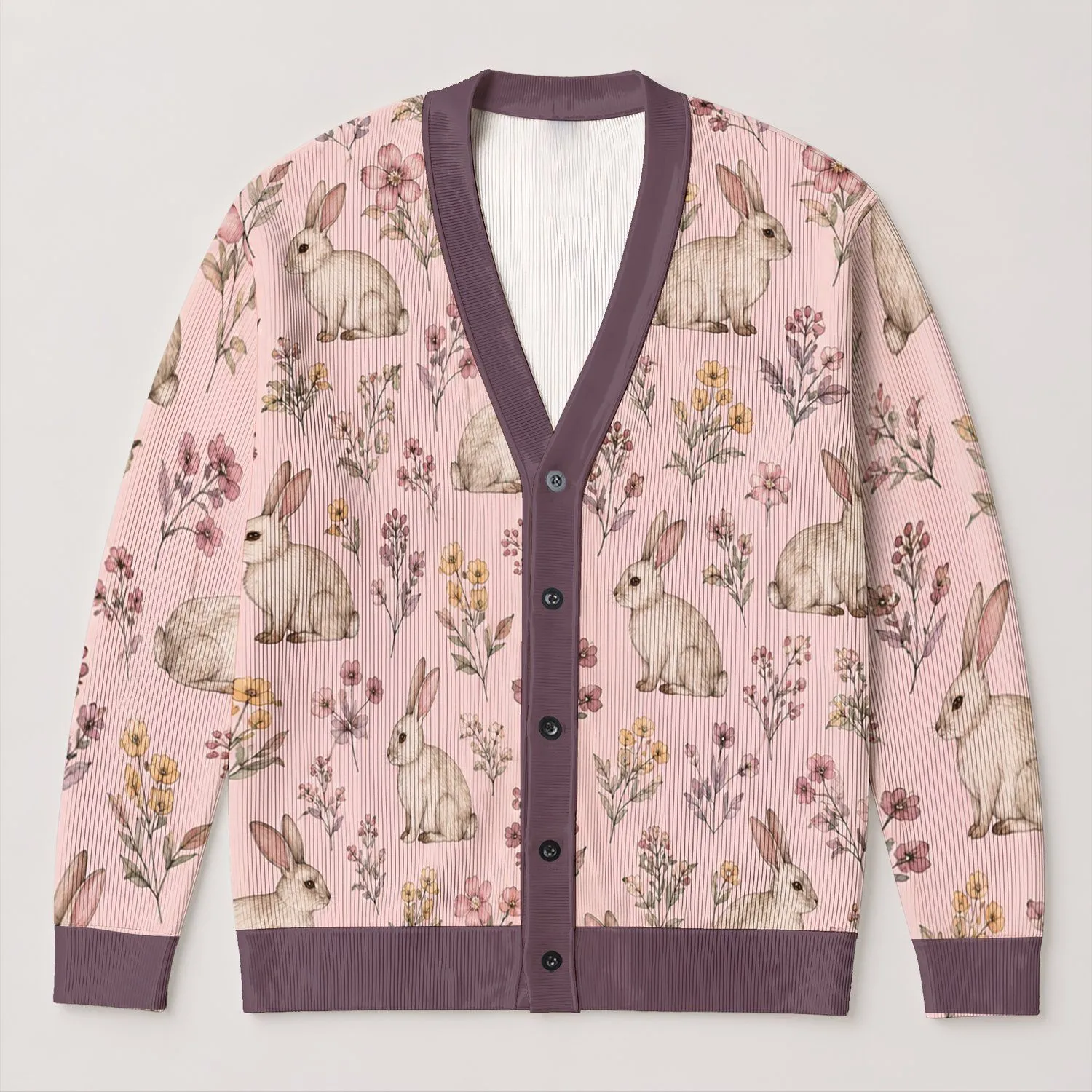 Pink Rabbit Wildflower Motifs For Cozy Everyday Layering And Cottagecore Women's Style All-over Print Knitted Cardigan - 1