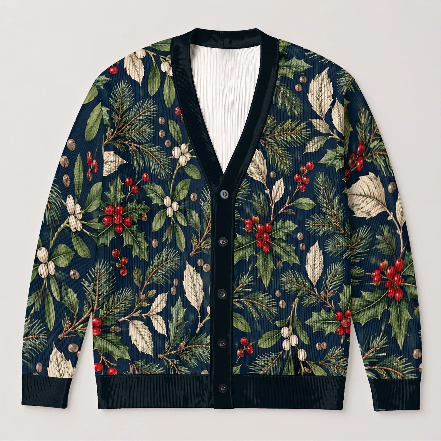 Holly Pine Mistletoe Foliage for Festive Layering and Holiday Gifting for Nature Lovers All-over Print Knitted Cardigan - 1