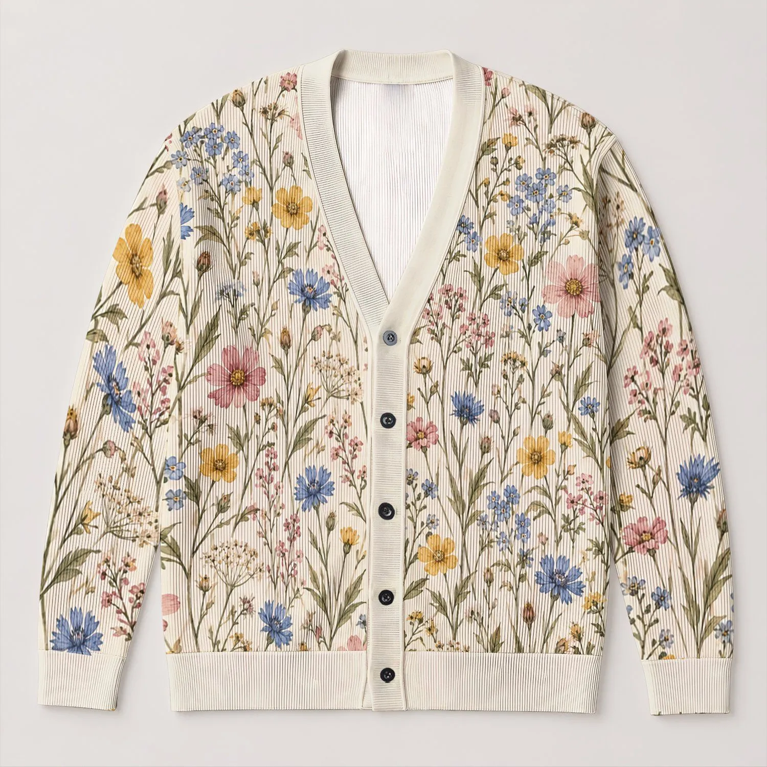 Wildflower Meadow Blooms in Soft Colors for Relaxed Everyday Layering, Women’s Style All-over Print Knitted Cardigan - 1