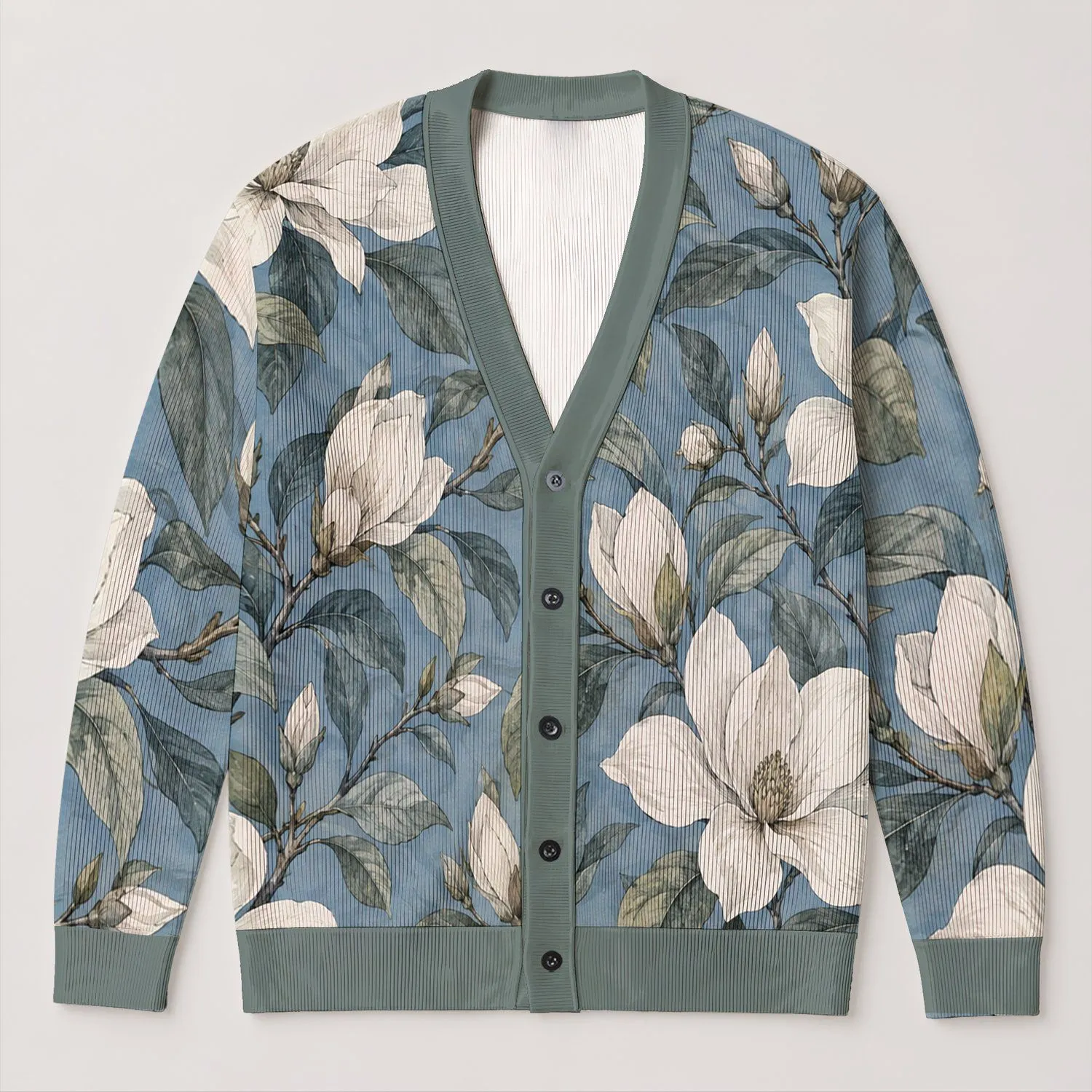 White Magnolia Blooms on Blue Botanical Branches for Relaxed Autumn Layering Women All-over Print Knitted Cardigan - 1