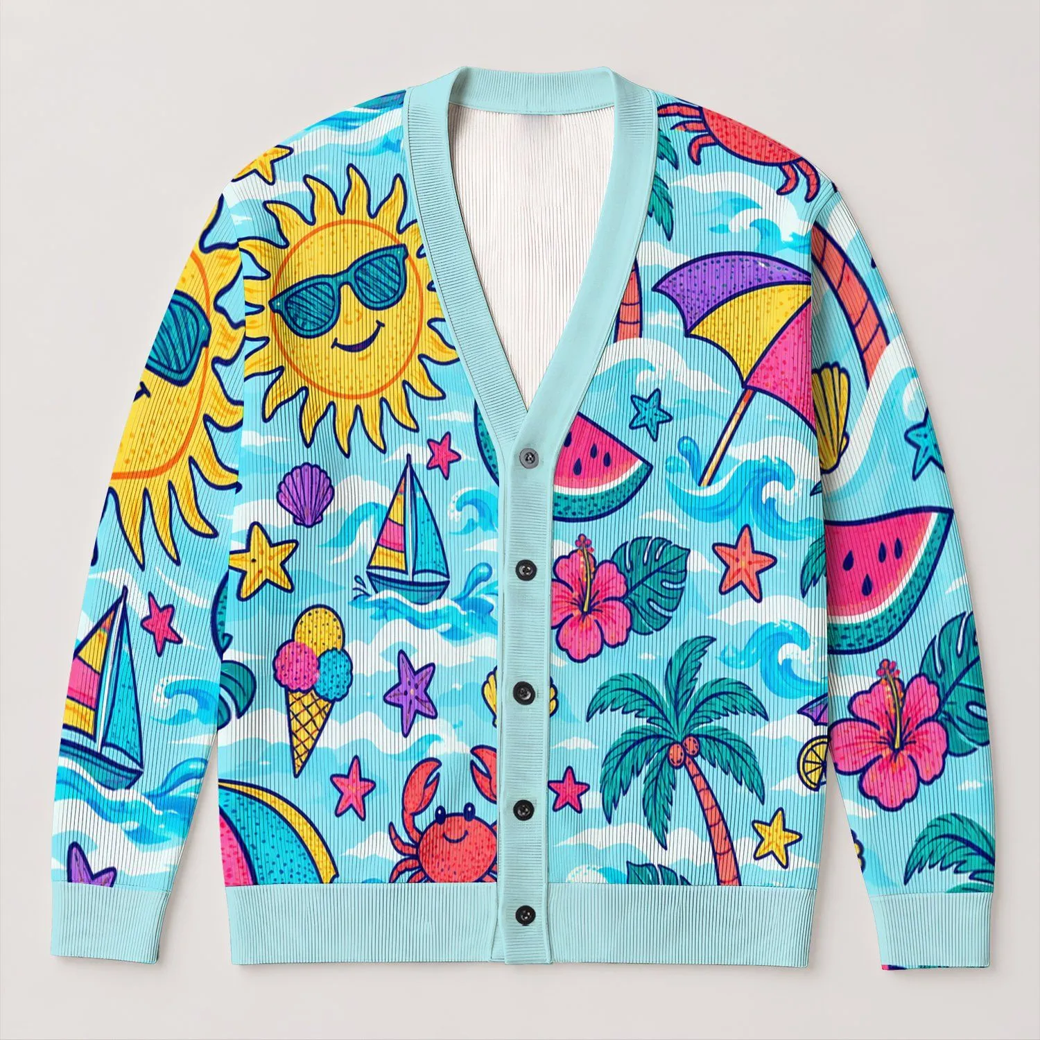 Colorful Tropical Beach Icons For Sunny Vacation Layers And Casual Summer Style Women All-over Print Knitted Cardigan - 1