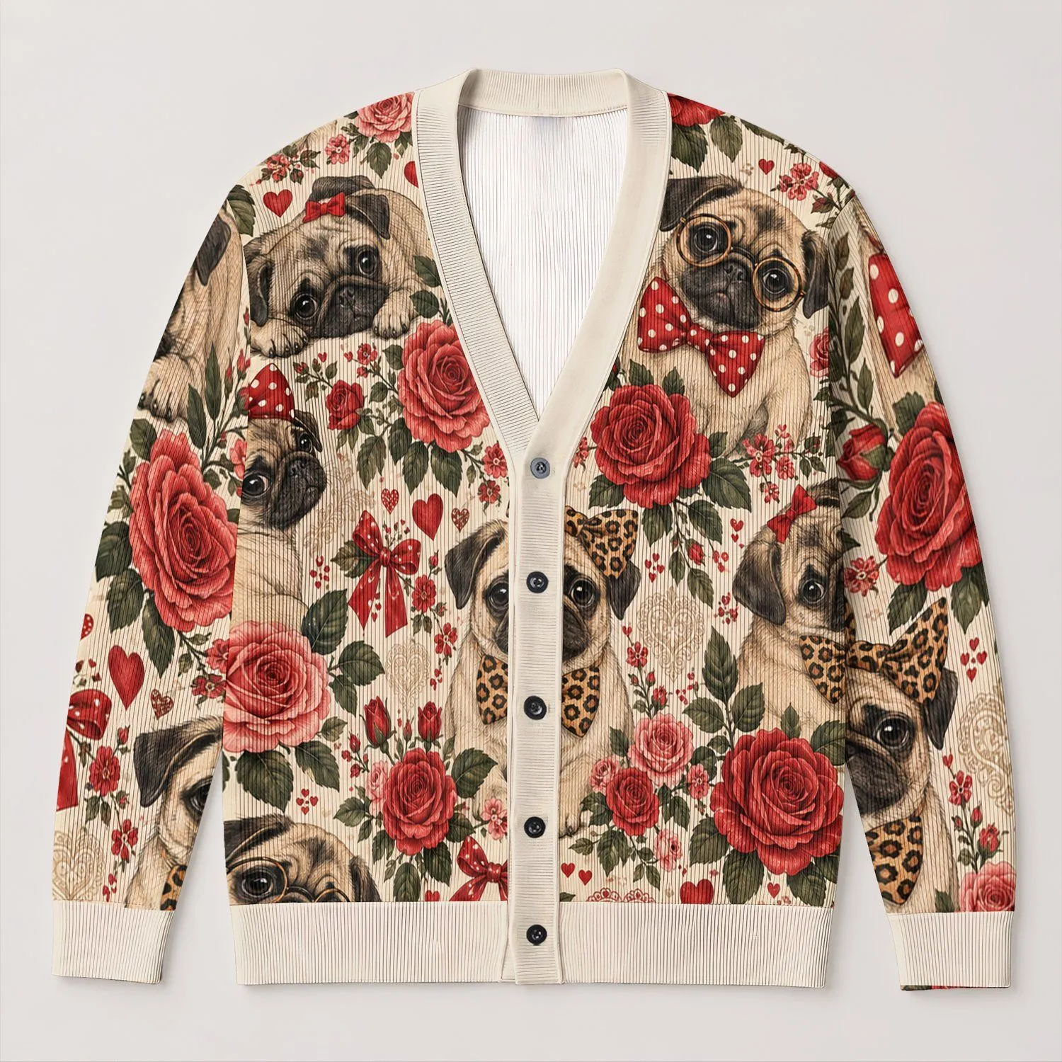 Pink Pug Rose Hearts for Romantic Everyday Layering and Beach Date Style for Women All-over Print Knitted Cardigan - 1