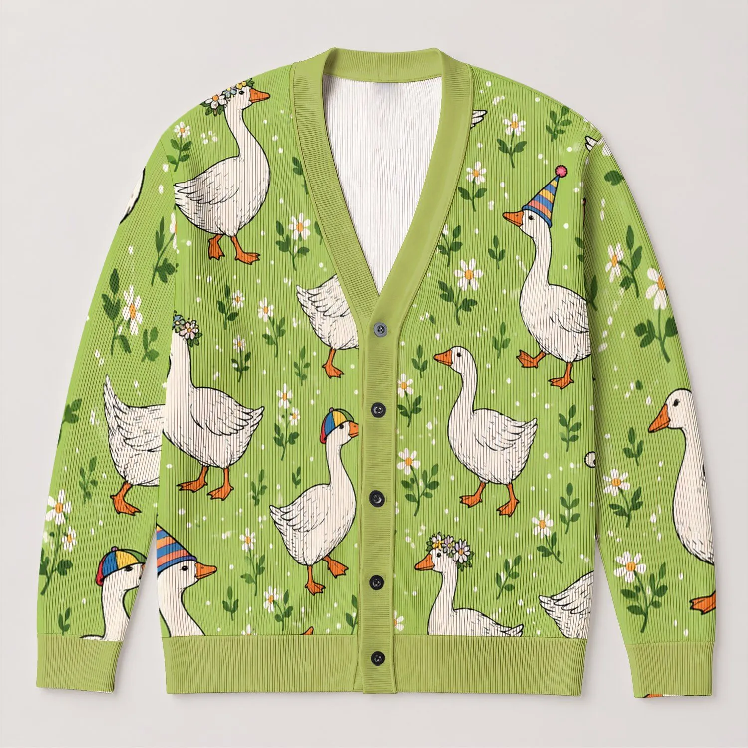 Whimsical White Geese For Everyday Layering, Countryside Dates, And Casual Women’s Style All-over Print Knitted Cardigan - 1