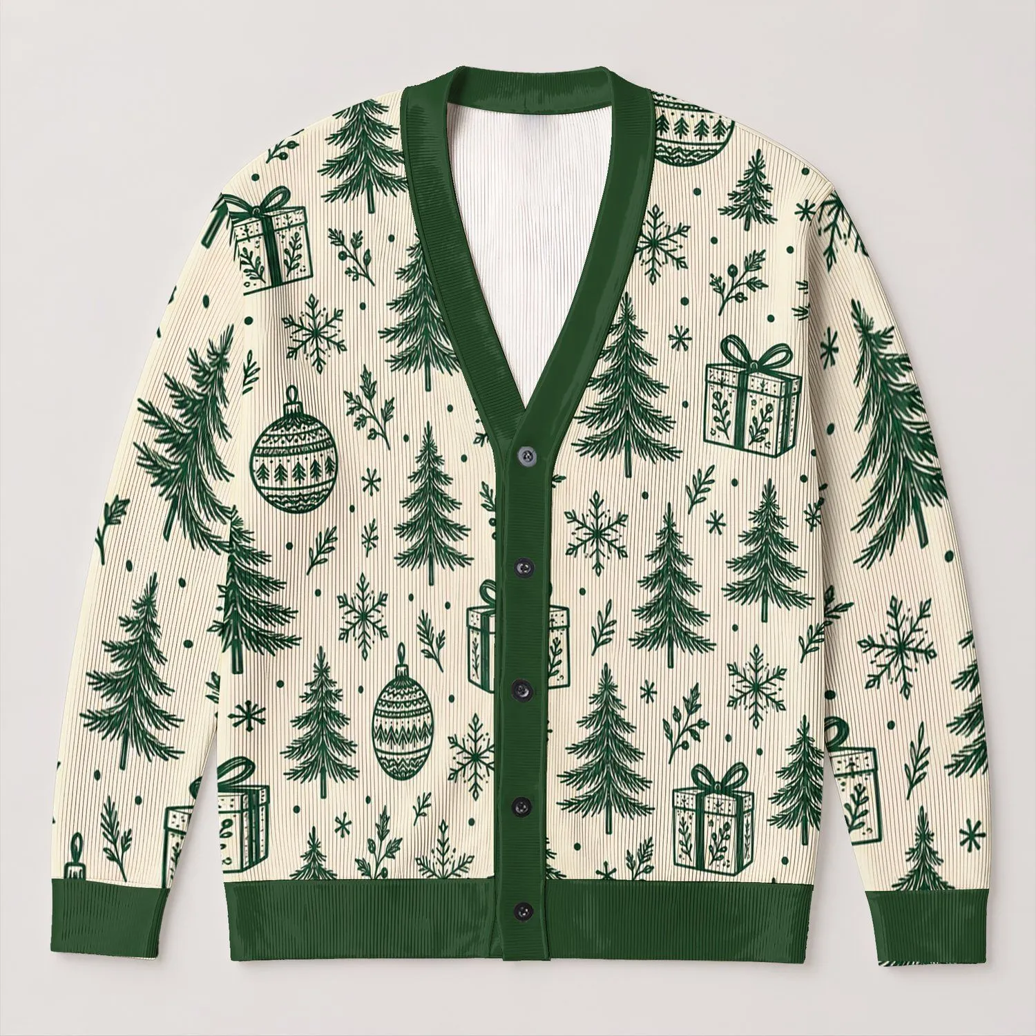 Green Christmas Trees, Gifts, Ornaments And Snowflakes For Cozy Holiday Layering At Home All-over Print Knitted Cardigan - 1